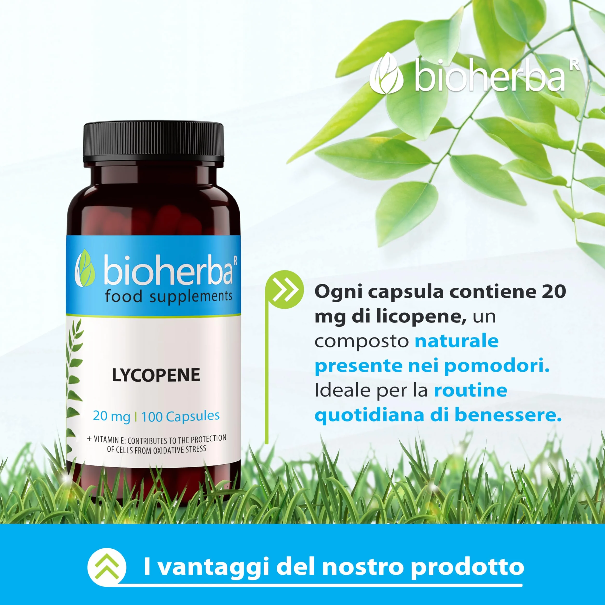 Lycopene Capsule 100 con 20 mg di Licopene e Vitamina E da Estratto di Pomodoro BIOHERBA