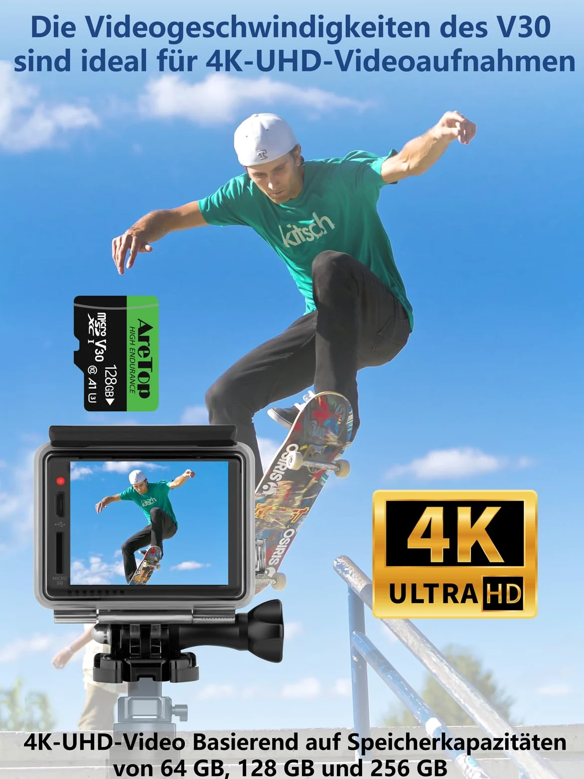 Aretop Scheda Micro SD da 128 GB, 2 pezzi, con 2 adattatori MicroSDXC, UHS-I U3 V30 A1, registrazione video Full HD Micro SD Memory Card per fotocamera/smartphone/drone/Dash Cam