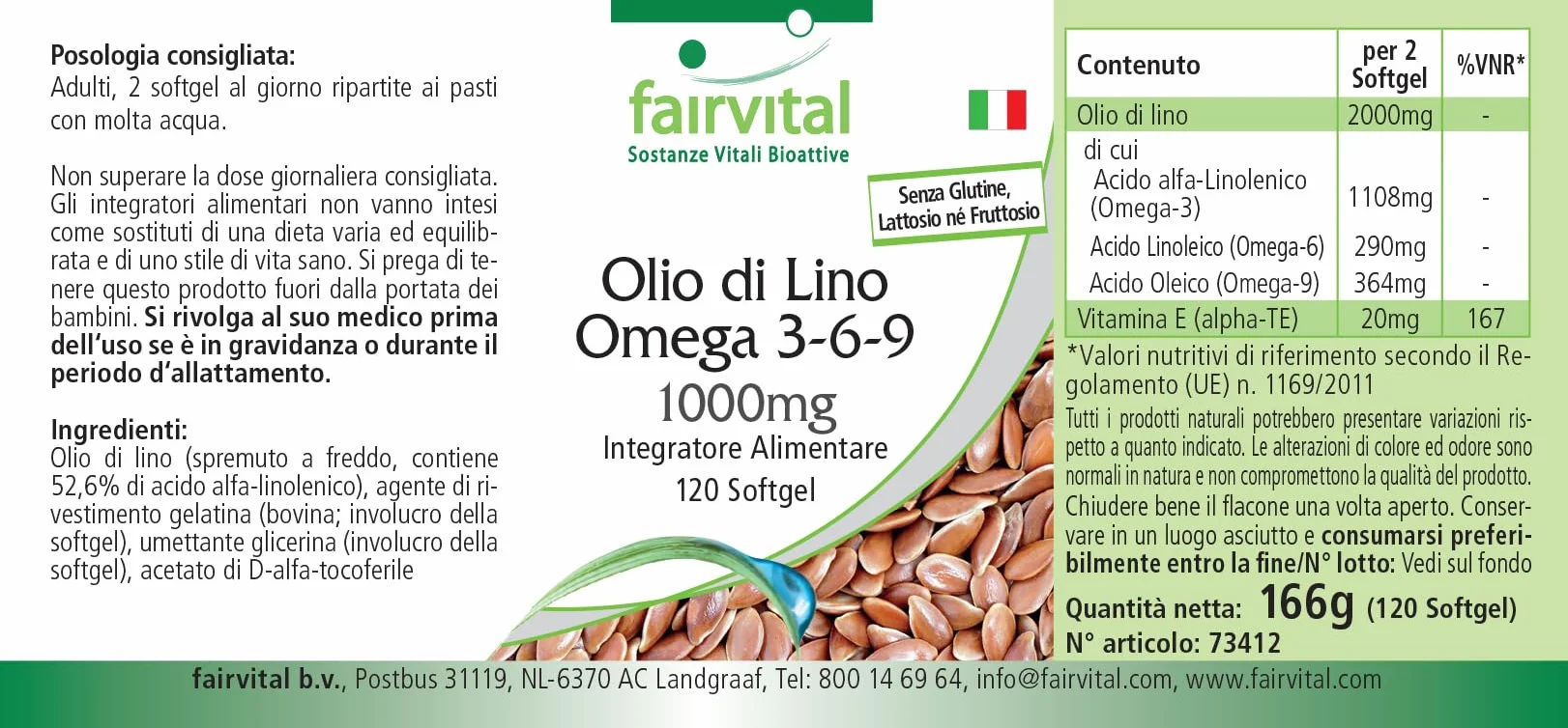 Fairvital Omega-3-6-9 Capsule, 2000 mg di Olio di Semi di Lino, 120 Softgel