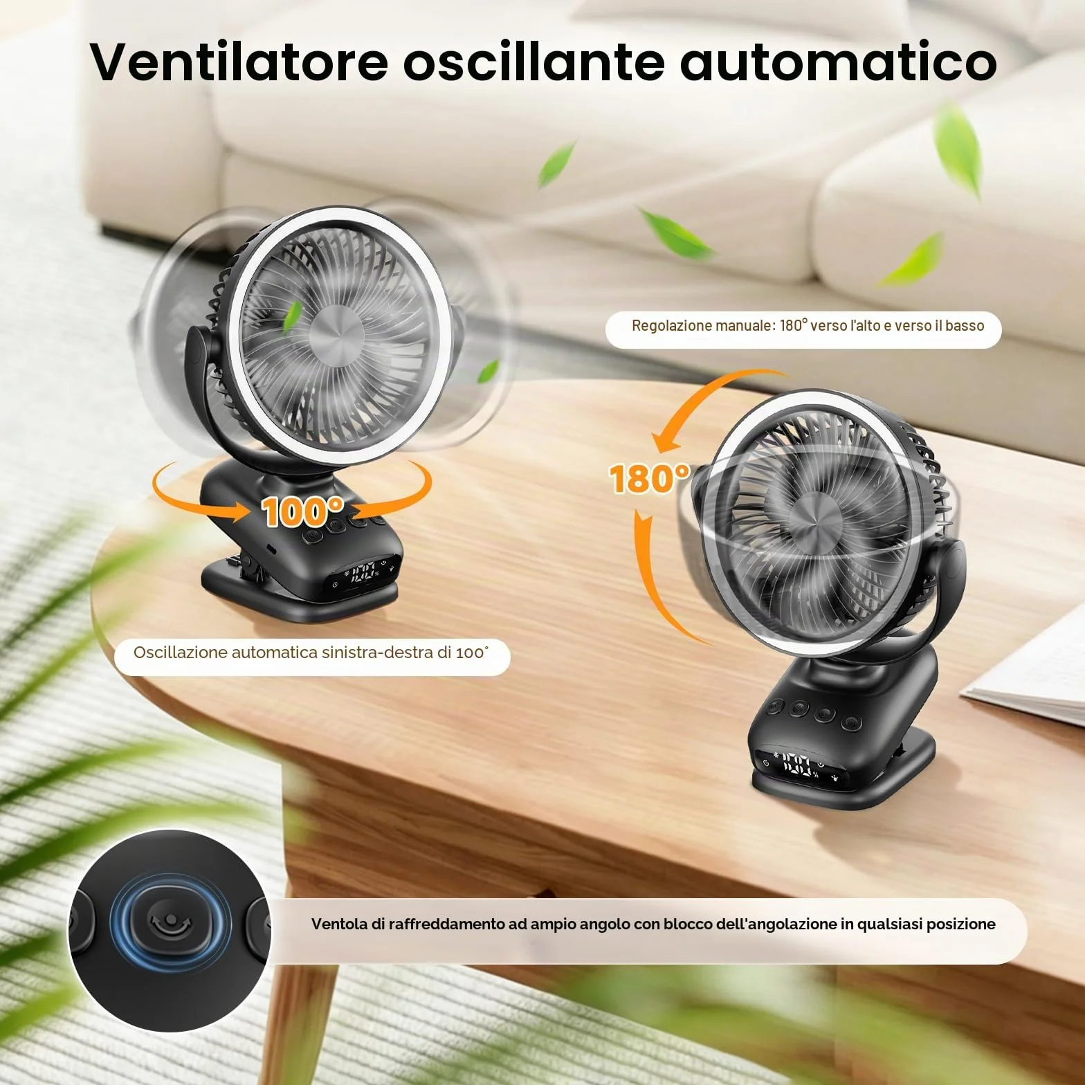 WUQNGI Mini Ventilatore Portatile,10000mAh Silenzioso Ventilatore da Tavolo,USB Ventilatore da Scrivania Potente con Pinza e Timer,Oscillante,Ricaricabile,Luci LED per Notte Camper Passeggino Ufficio