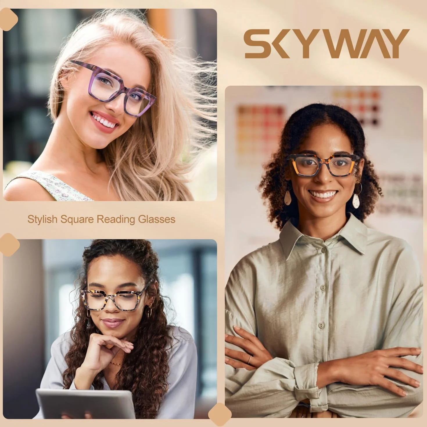 SKYWAY Occhiali Oversize Filtro Luce Blu Donna, Occhiali da Computer Retrò Montatura Quadrata Cat Eye, Anti-affaticamento Occhi Anti-riflesso UV