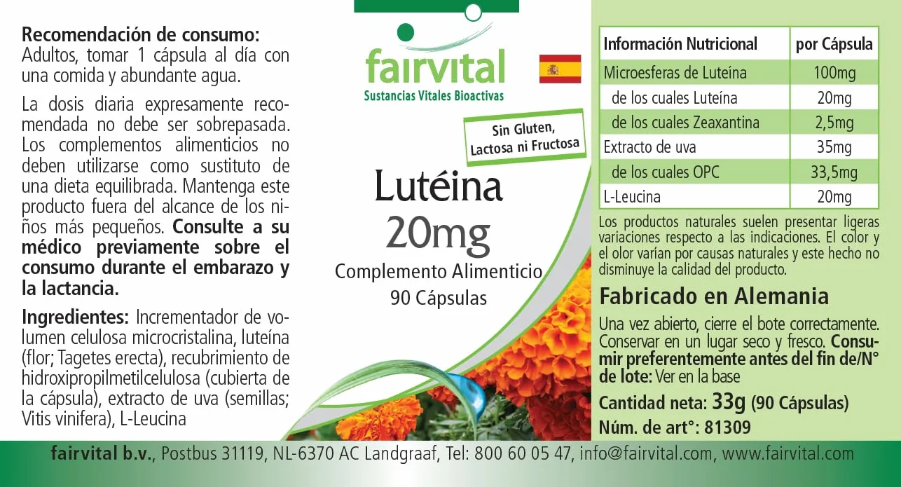 Fairvital Luteina 20 mg + Zeaxantina, 90 capsule, vegane, senza stearato di magnesio