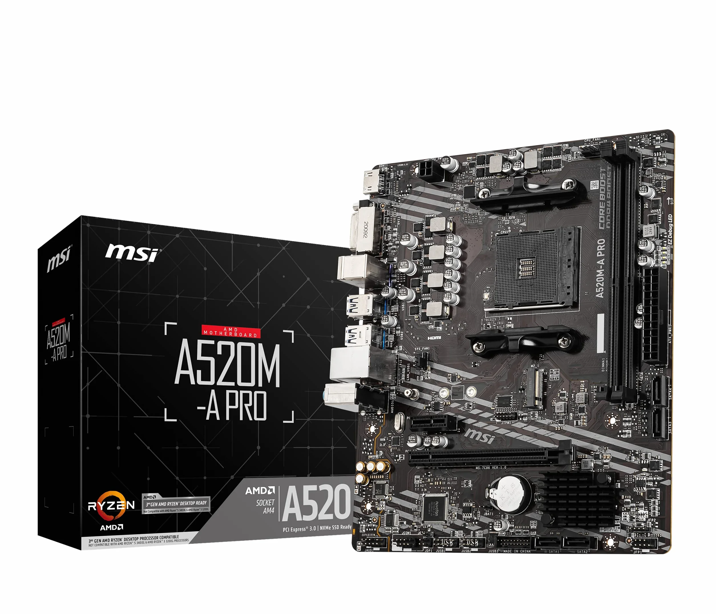 MSI A520M-A PRO Scheda Madre mATX - Supporta AMD Ryzen 3rd Gen Processors, AM4, DDR4 Boost (4600MHz/OC), 1 x PCIe 3.0 x1, 1 x M.2 Gen3 x4, Gigabit LAN
