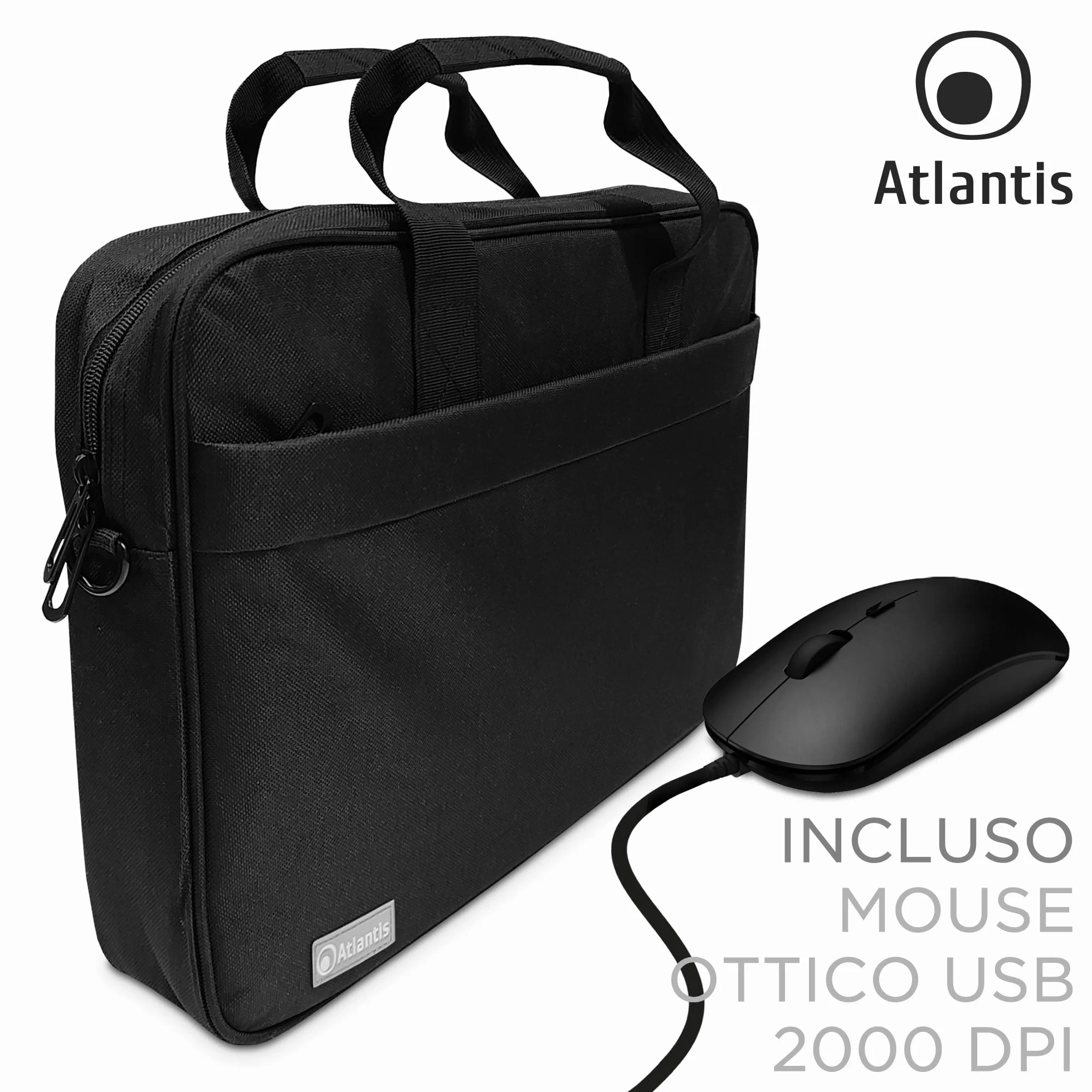 Atlantis Borsa notebook 15.6" pollici + Mouse USB, a tracolla modello Lisbona, imbottitura interna, tasca porta documenti, tasca esterna per accessori, fascia Trolley. Cinghia a tracolla, nero.