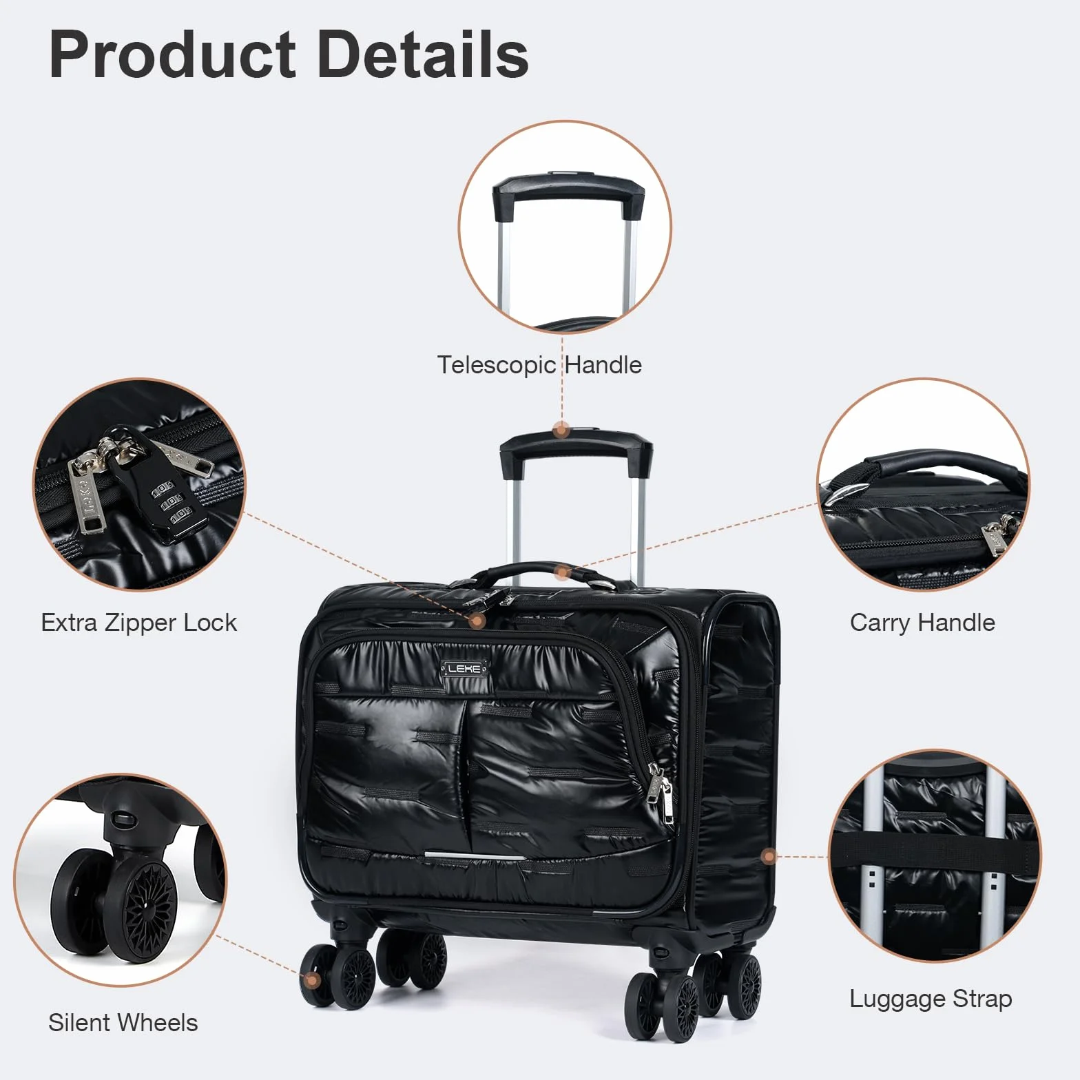 Trolley da lavoro con lucchetto TSA, Valigetta con ruote per computer portatile, Pelle nera