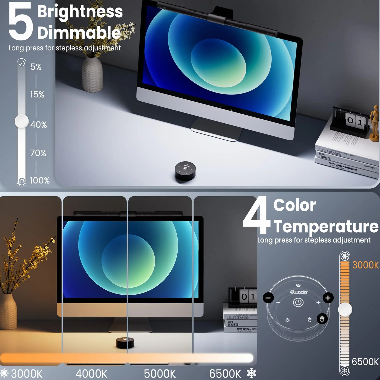 Quntis Lampada Monitor con Telecomando e Touch 40cm, Luce Monitor Curvo con Dimmer Automatico e Timer, Lampada Led PC di Protezione Gli Occhi per la Lettura Lavoro