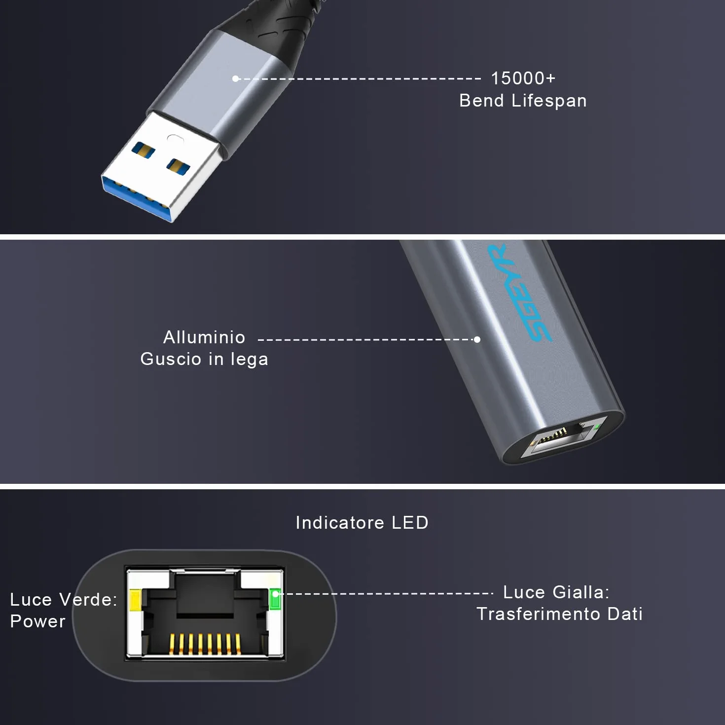 SGEYR USB Ethernet Adapter RJ45 LAN - Compatible With Windows, MacOS - Grigio
