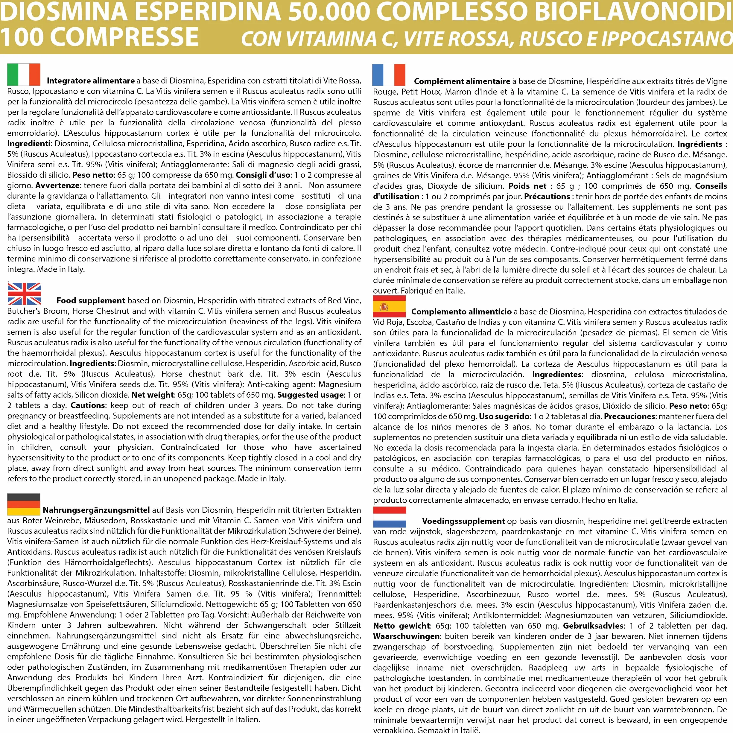 Diosmina Esperidina Complesso Bioflavonoidi 100 Compresse con Vitamina C, Vite Opc, Rusco, Ippocastano Integratore Circolazione Emorroidi Gambe