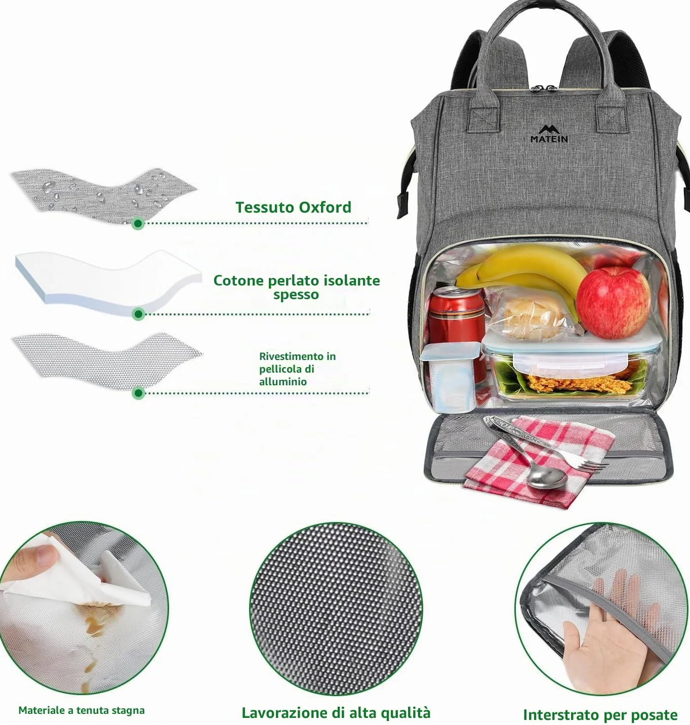 MATEIN Zaino Lavoro Donna con Porta Pranzo, Zaino Porta PC Donna 15,6 Pollici Antifurto e Impermeabile, con Scomparto Termico per Ufficio, Università, Trekking e Picnic, Grigio