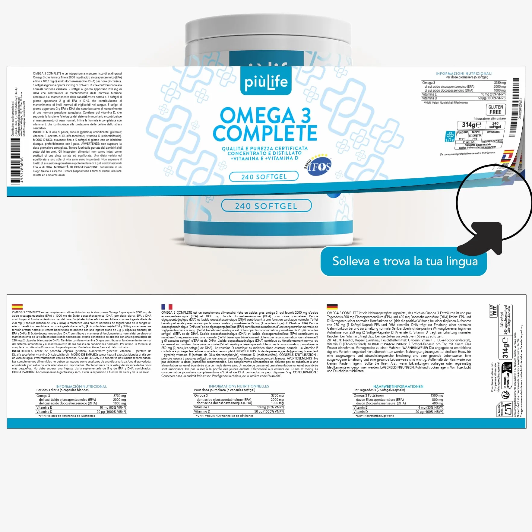 Omega 3 IFOS 5 Stelle Certificato Con Vitamina D3 2000 UI PiùLife, 240 Softgel 2000mg EPA, 1000mg DHA Olio di Pesce
