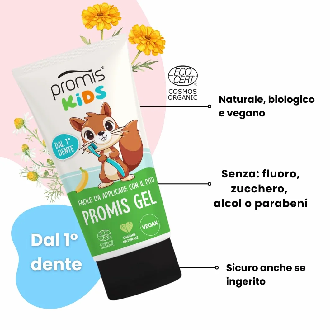 PROMIS Gel Kids Dentizione Naturale Sollievo Gengive Banana Bio Vegano con Aloe Vera Camomilla Calendula Acido Ialuronico