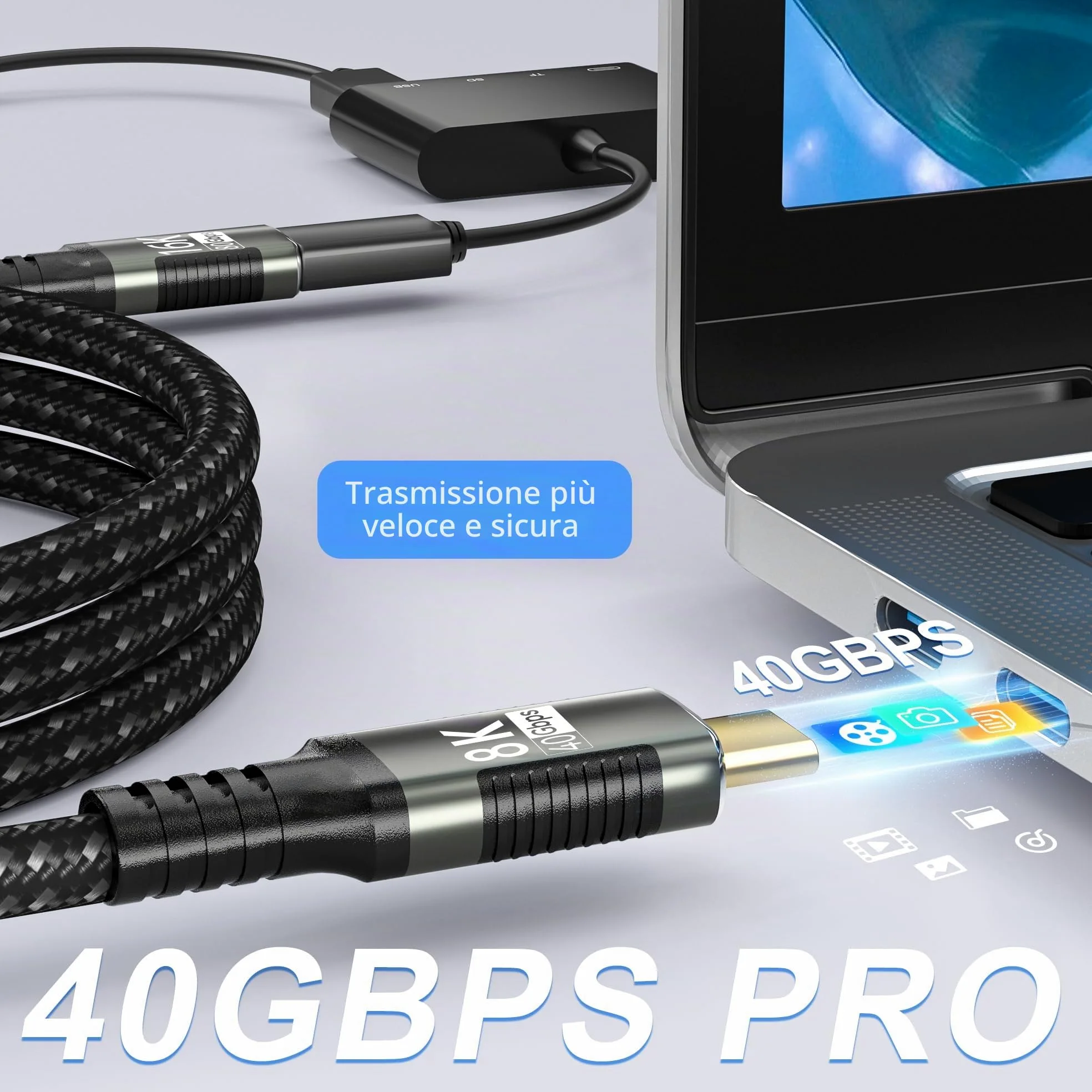 prolunga usbc lungo 3 m,extension usb5 40Gpbs compatibile con prolunga thunderbolt 5,8K@120Hz/4K@60Hz type c femmina maschio 240W Ricarica rapida per Thunderbolt 4/3,USB 4/3, SSD eGPU.