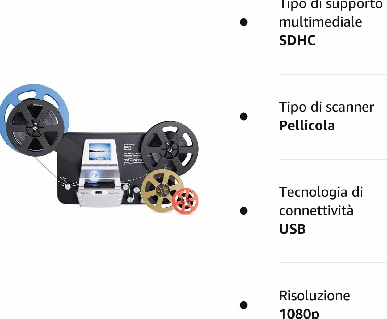 Scanner Pellicole Super 8/Normal 8mm,Convert Film into Digital Video(3", 5",7"e 9"Rotolo di Pellicola) Scanner e Digitalizzatore di Film con LCD da 2,4",1080P e Scheda SD da 32 GB