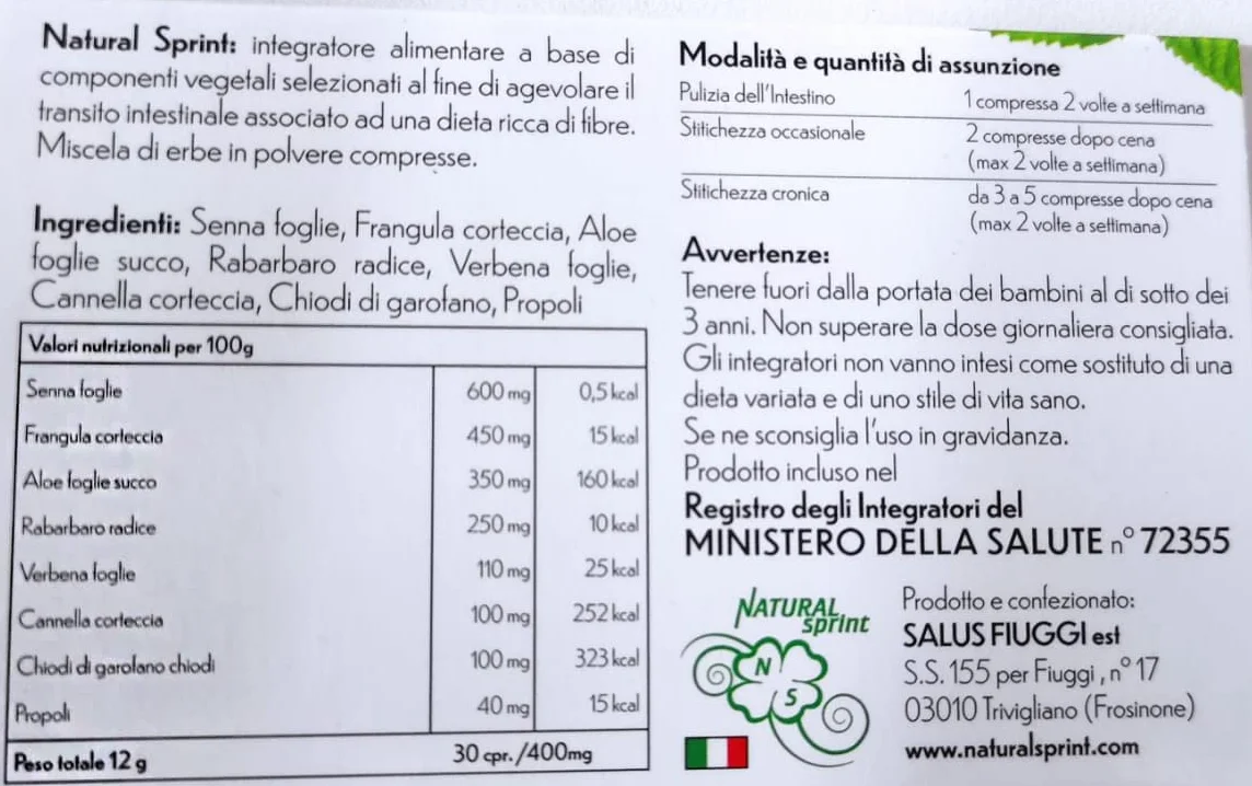 NATURAL SPRINT Transito Intestinale Lassativo Naturale Stitichezza 30 Compresse
