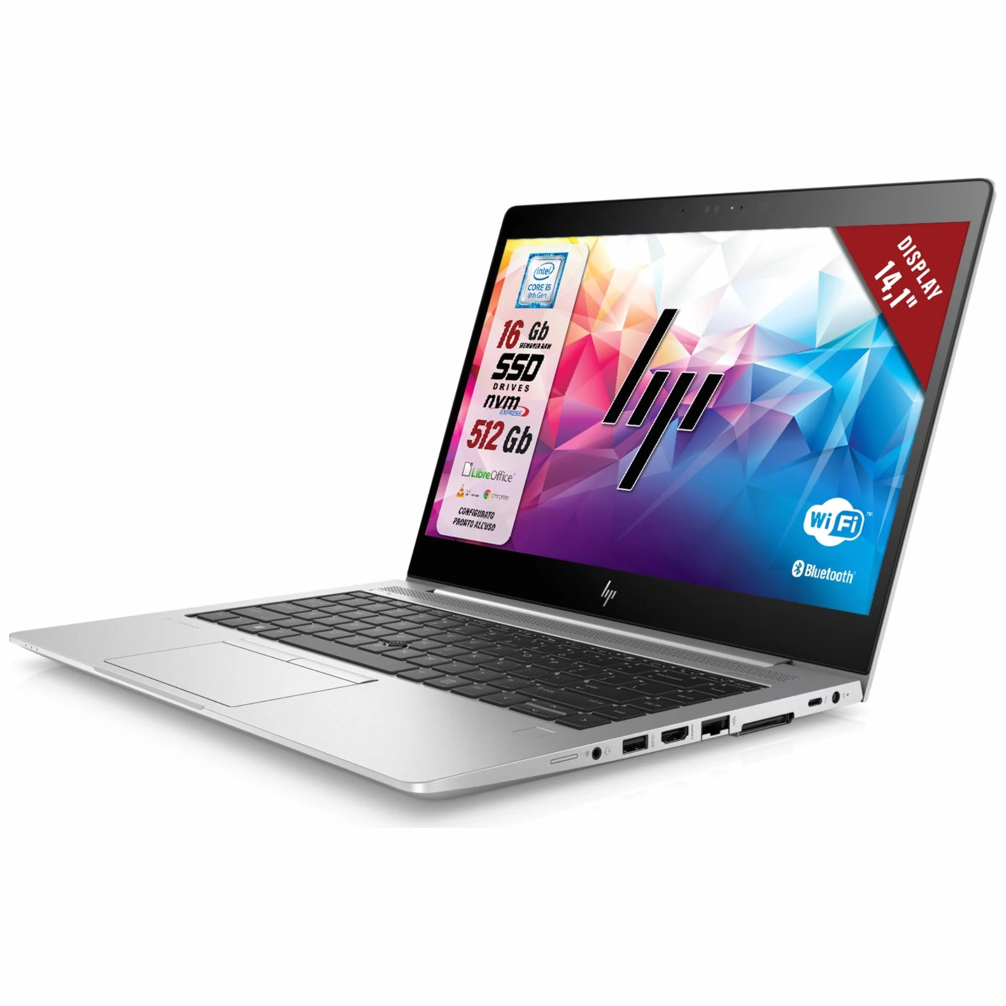 HP Elitebook 14.1" Intel i5-8th Gen 1.7GHz 16GB RAM 512GB SSD Notebook W11 LibreOffice Ricondizionato
