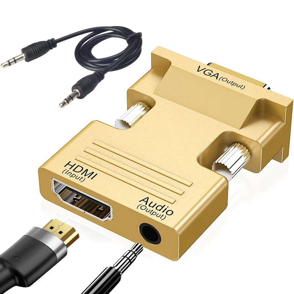Adattatore HDMI a VGA, 1080P HDMI Femmina a VGA Maschio Cavo Audio Video Convertitore con Cavo Audio da 3,5 mm per Computer, Desktop, Monitor, HDTV Ecc (Oro)