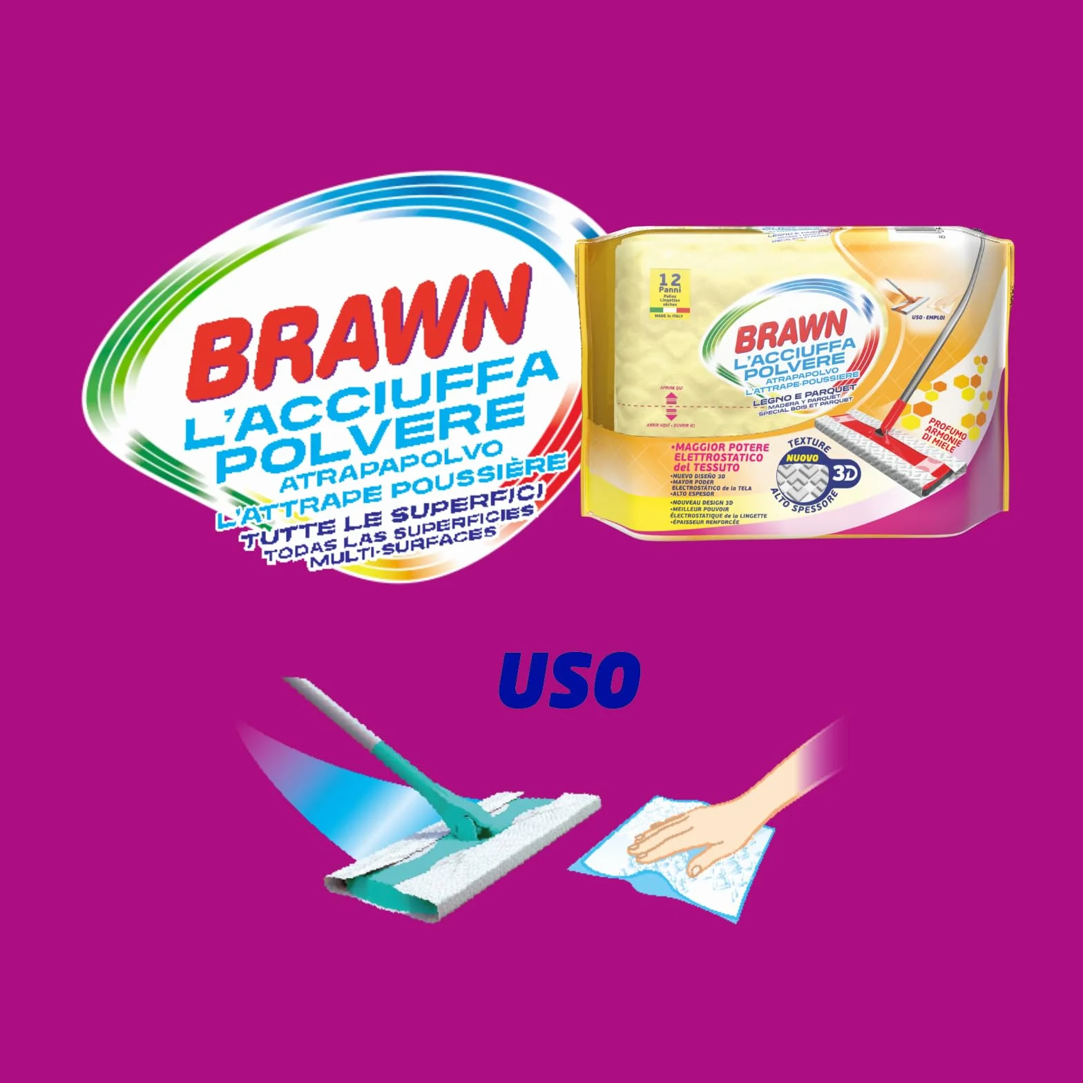 Brawn Acciuffapolvere Legno e Parquet, Tessuto 3D ad Alto Spessore, Profumo Armonie di Miele, Confezione da 12 Panni