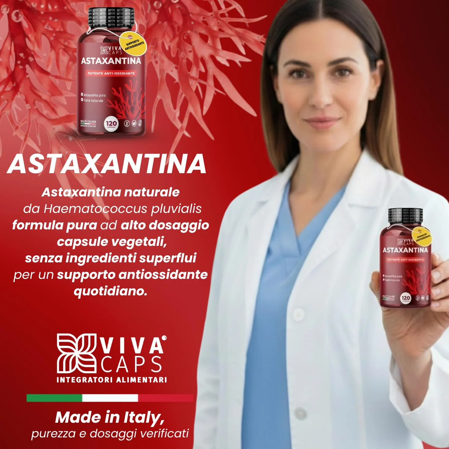 Astaxantina pura alto dosaggio 8mg 120cps supporto antiossidante Made in Italy