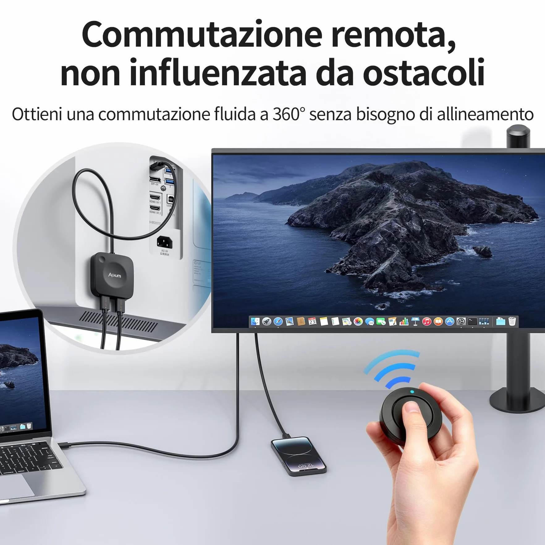 Alxum Switch USB-C 20Gbps a 2 computer, selettore per monitor/dock USB-C/Thunderbolt 4, supporto 8K@30Hz / 4K@144Hz, ricarica PD 3.1 140W, con telecomando. Per laptop gaming, tablet e smartphone.