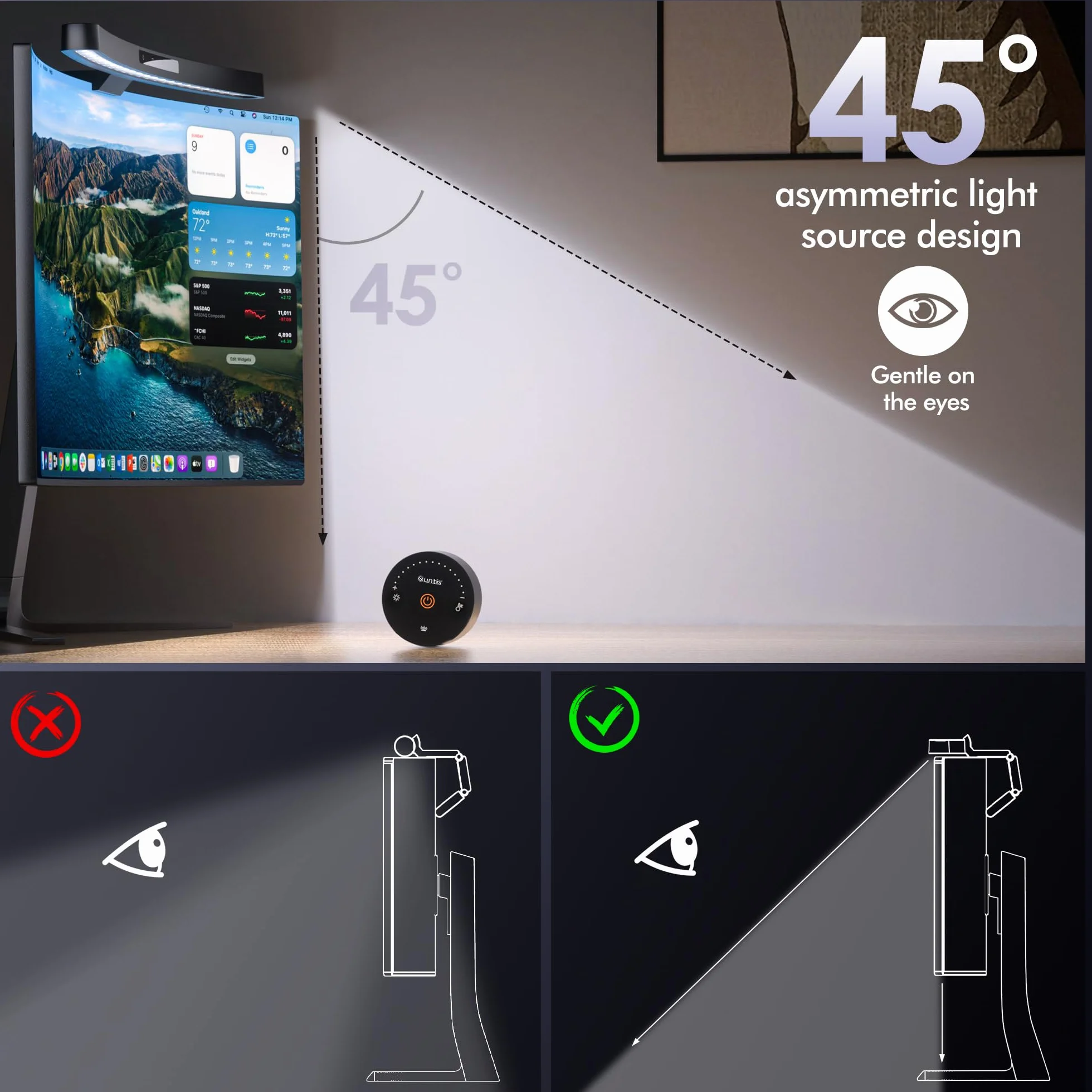 Quntis USB Lampada Monitor Curvo da 45CM con Controllo a Sfioramento e Telecomando, Luce Monitor con Oscuramento Automatico per la Cura Degli Occhi, Luce Anti-Blu, Antiriflesso, Salvaspazio