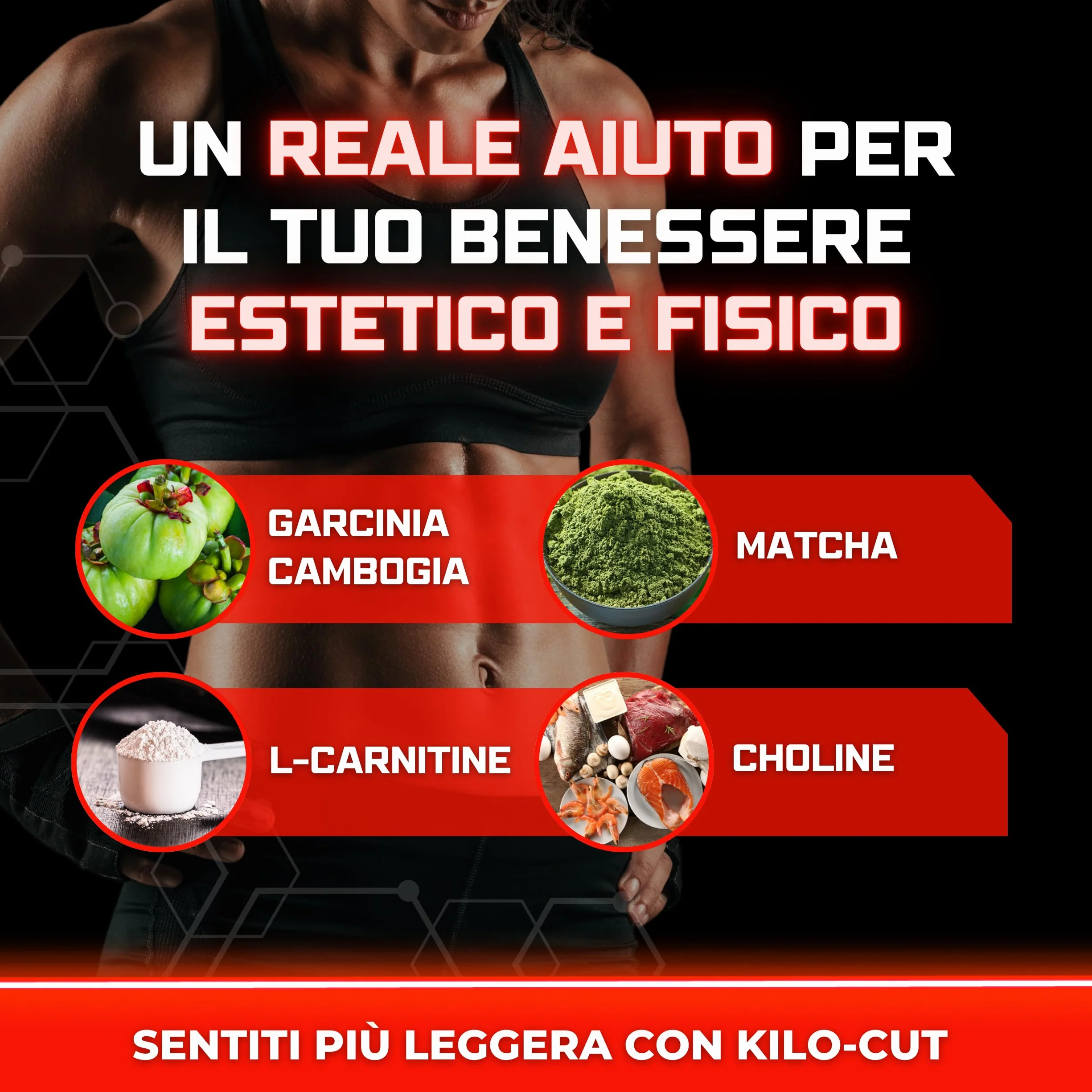 Kilo-Cut Vitastrong Vegan Integratore Dietetico con Glucomannano, Garcinia, L-Carnitina, Matcha, Colina, Fico d'India e Cromo