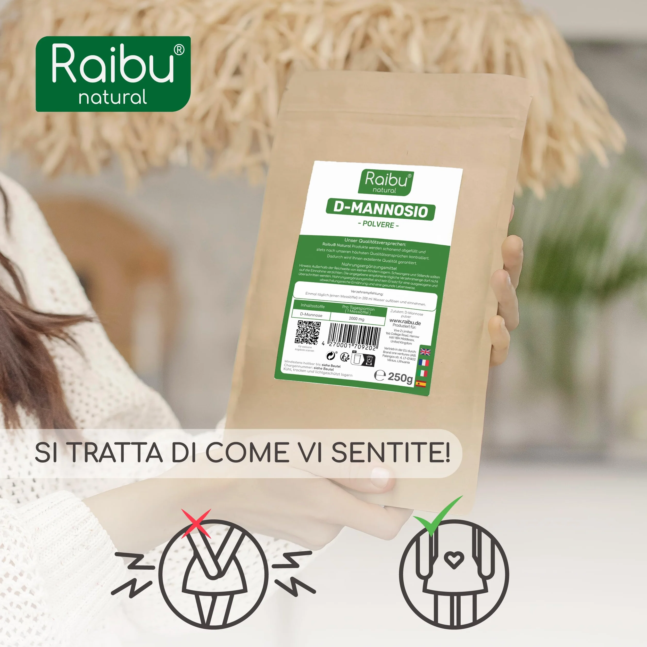 Raibu D-Mannosio Polvere 250g Naturale Vegan Cucchiaio Dosatore
