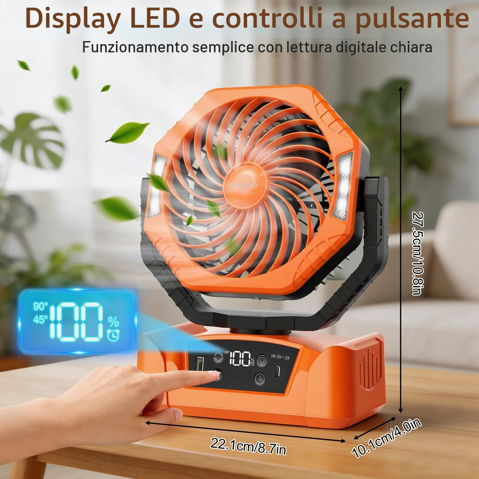 ELZO 20000mAh Ventilatore da campeggio con luce LED, Ricaricabile per Scrivania Tenda, USB Telecomando E gancio, 5 Velocità con Modalità sonno per Casa Ufficio Viaggi Pesca (Arancione)