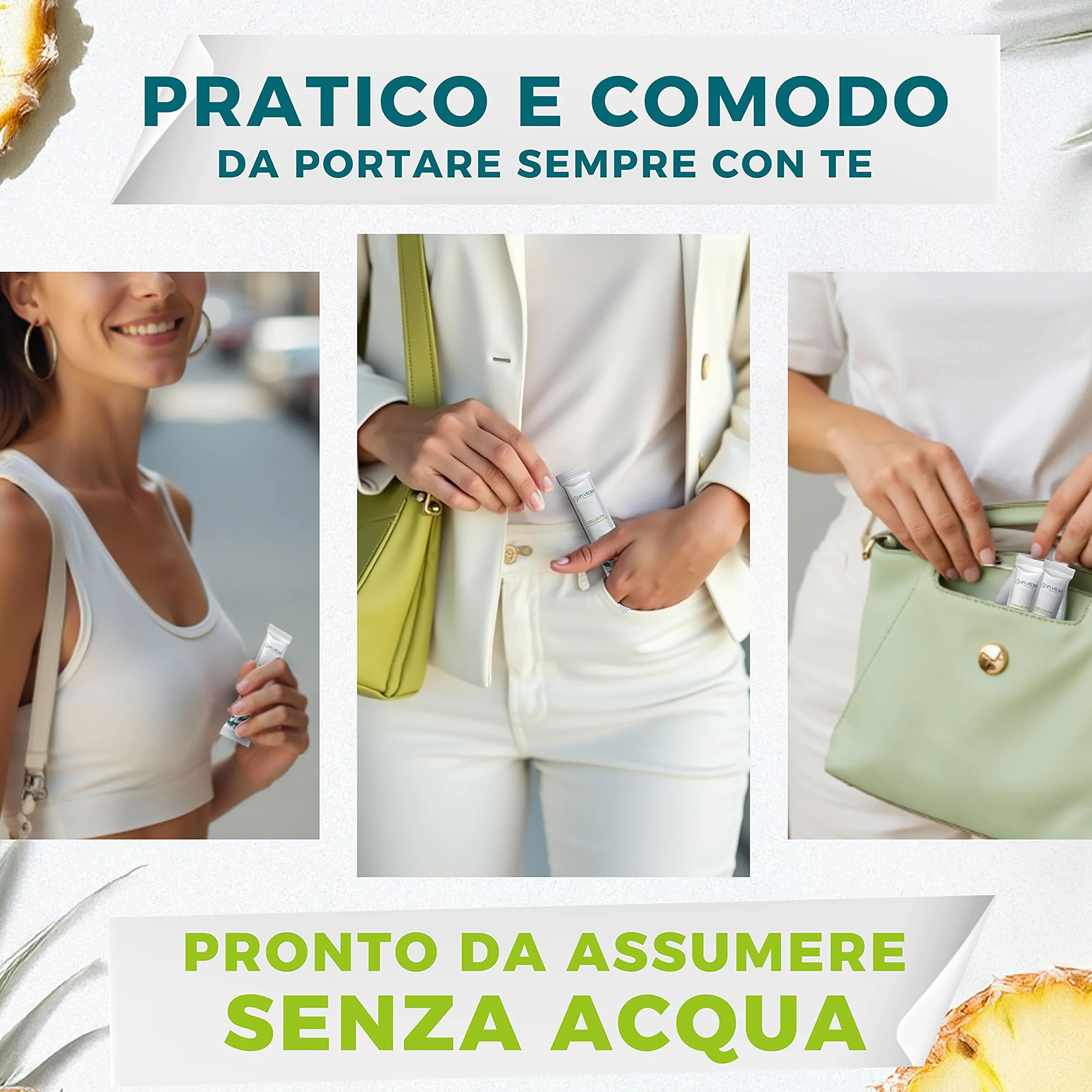 IN VITAE Bromelina Forte Drenante Complex Integratore Alimentare con Centella e Vitamina C Supporto Microcircolo Cellulite Stick Gel Gusto Ananas