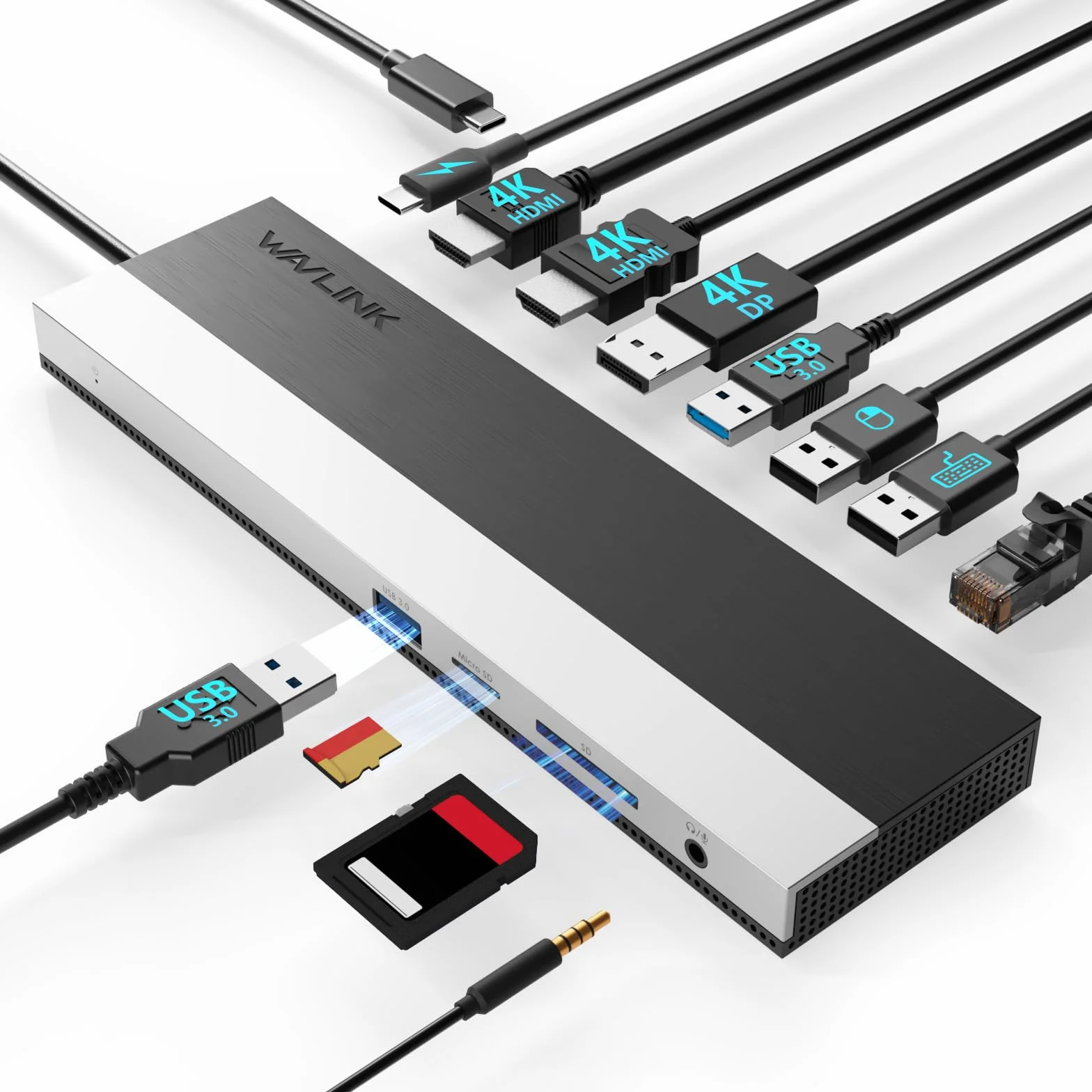 WAVLINK Docking Station USB C 3 monitor, Docking Station con Dual HDMI, DP, 100W PD, USB3.0&2.0, RJ45, slot SD/TF, audio/microfono, compatibile solo con computer Windows