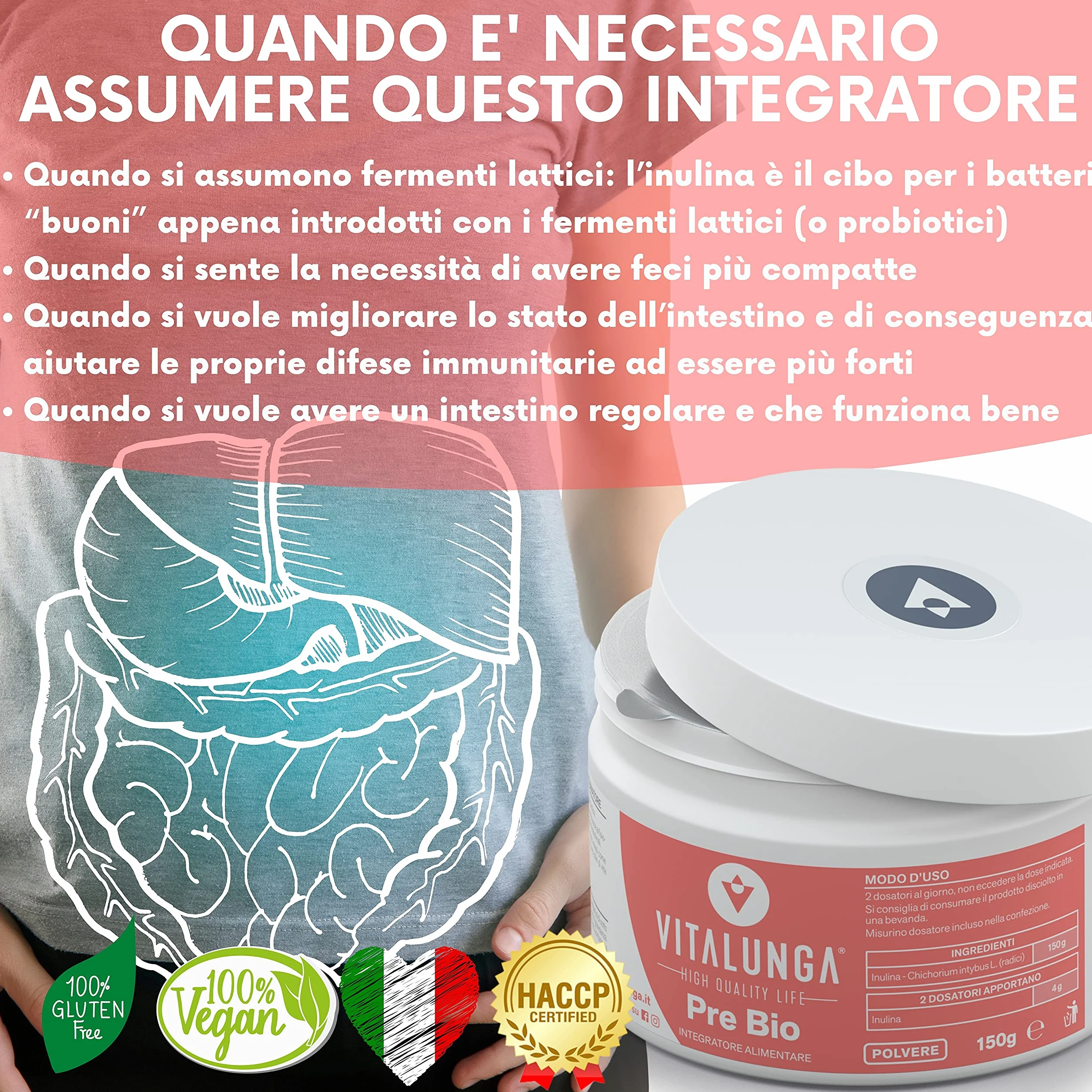 Inulina in Polvere 100% Fibra Prebiotica da Cicoria Vegan Senza Glutine 150g Vitalunga
