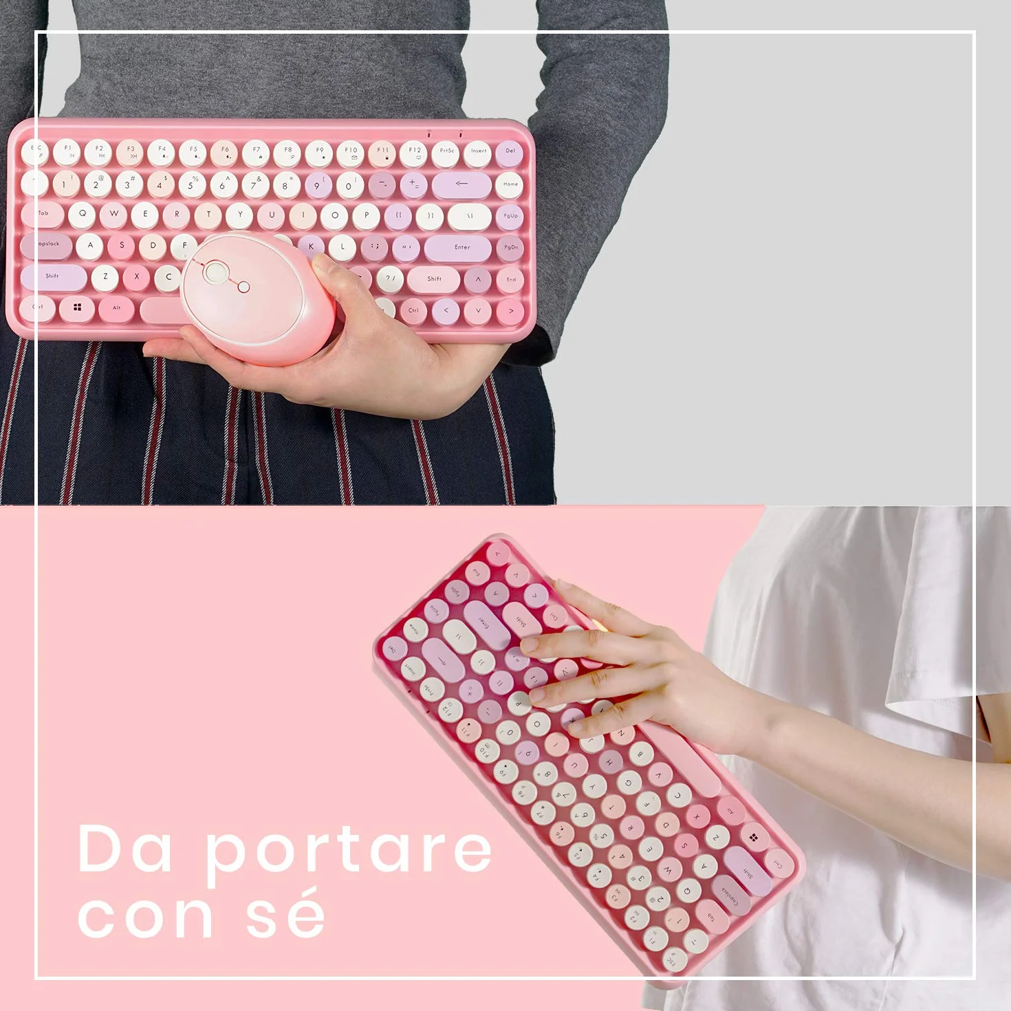 Perixx PERIDUO-713 Tastiera e mouse wireless, tasti rotondi, design macchina da scrivere retrò, tasti multimediali, cute colore rosa, QWERTY italiano