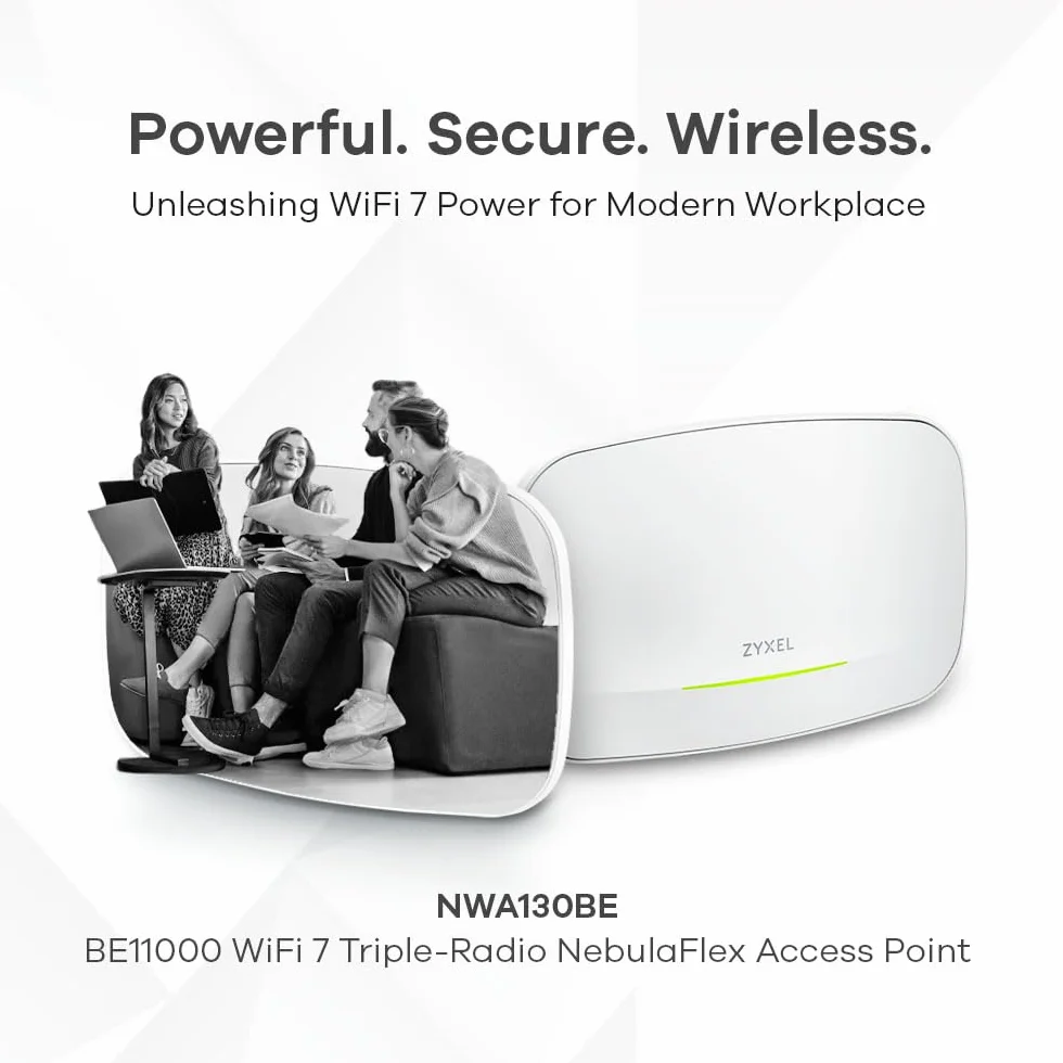 Zyxel WiFi 7 BE11000 Access Point PoE | 2 Porte Ethernet 2.5Gb | PoE+ | Triple Radio Livello Azendiale | Mesh | Gestione Cloud, App o Standalone | Alimentatore USB C (Non Incluso) [NWA130BE]
