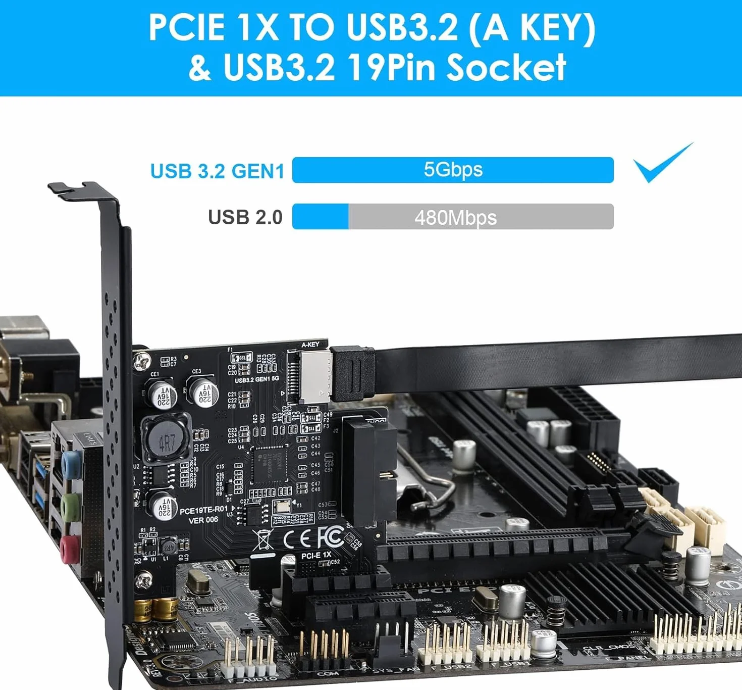 Connettore da pannello frontale PCI-E 1X a USB 3.2 GEN1 5 Gbps a 20 pin (all'intestazione del pannello frontale di tipo C),Scheda di espansione con presa USB 3.0 a 19pin