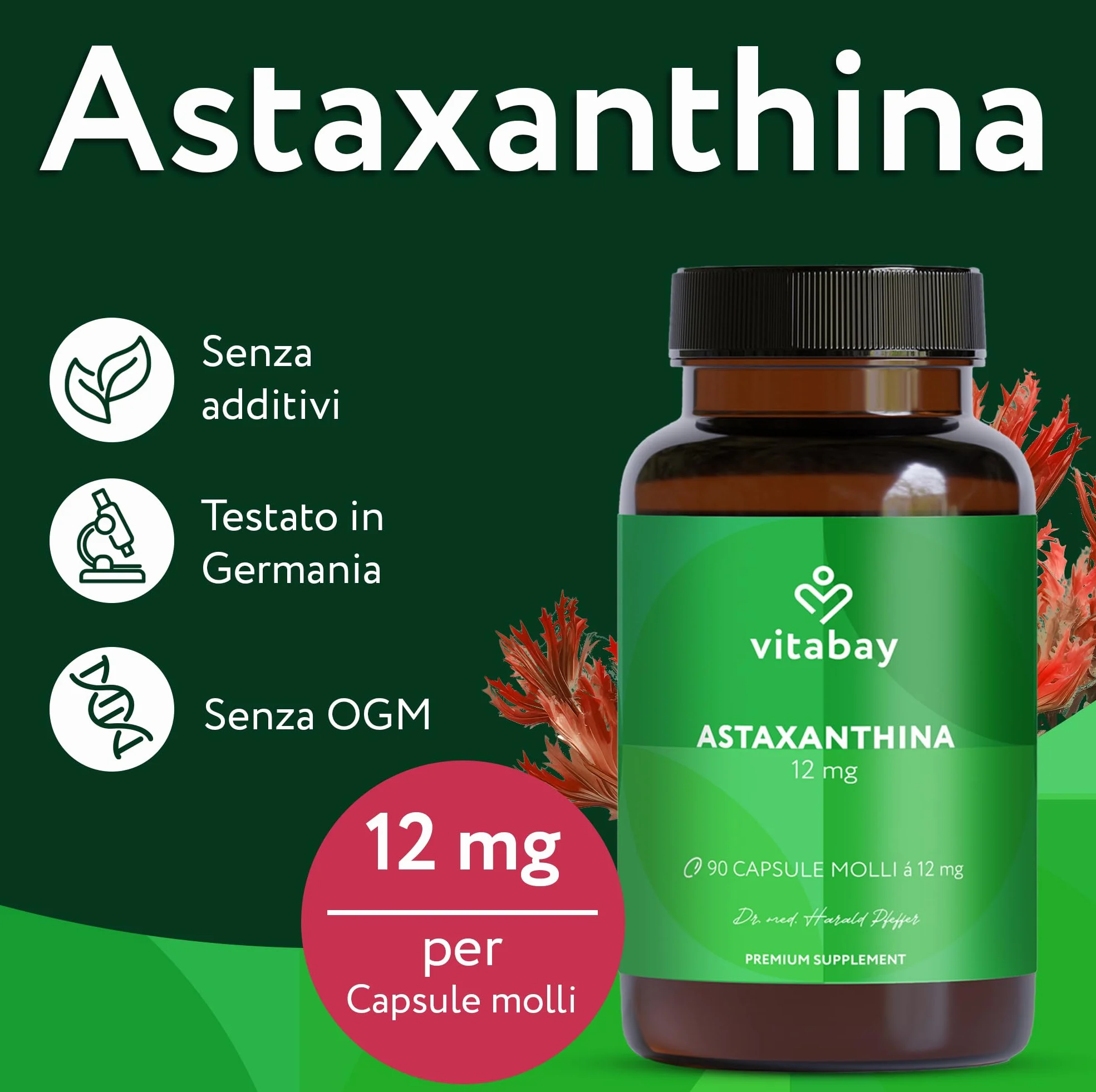 Vitabay Astaxantina 12 mg 90 capsule softgel vegane estratto di alga Haematococcus pluvialis