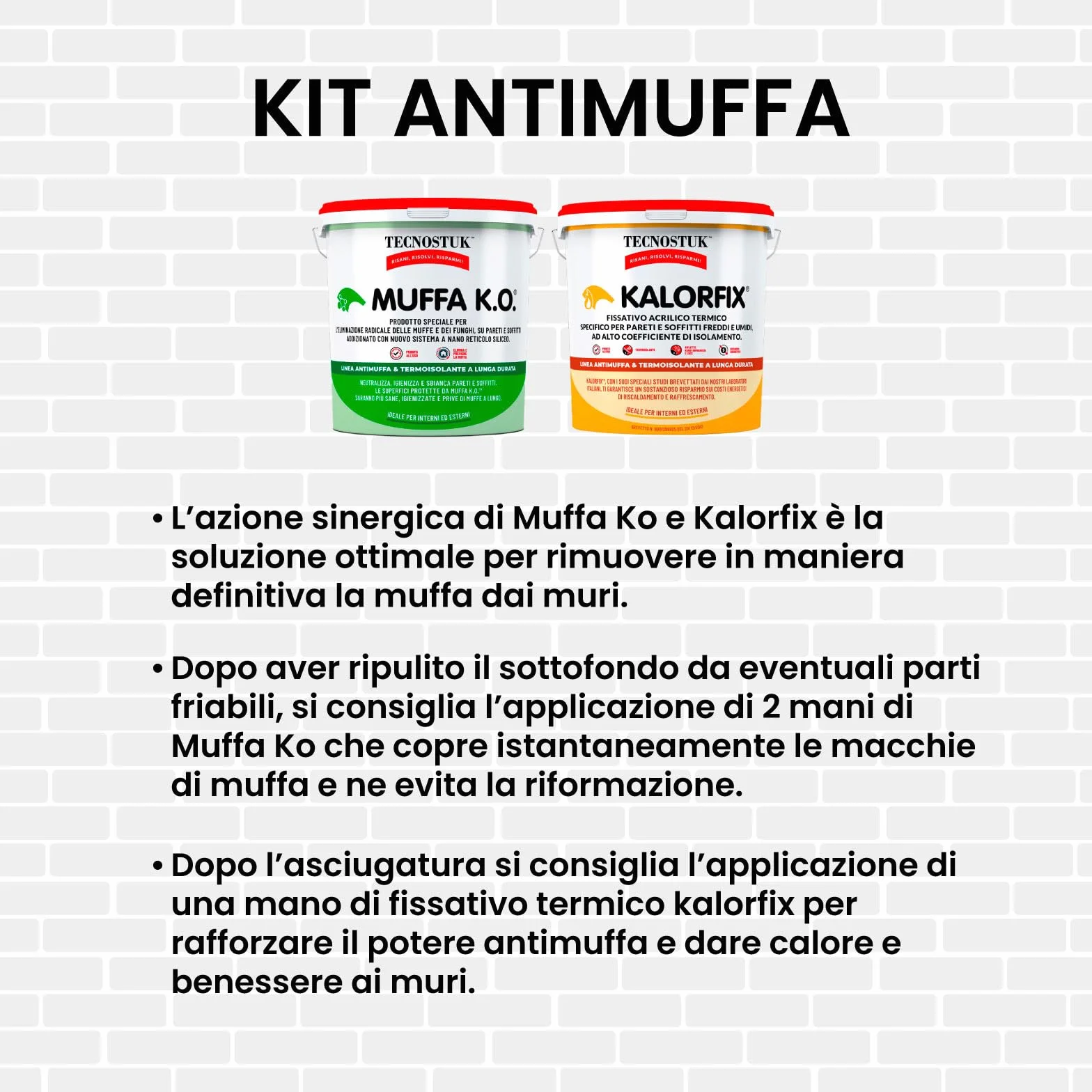 Tecnostuk Muffa K.O. Fondo Antimuffa Sbiancante Eurocali 1L + Kalorfix Fissativo Isolante Termico 1L Made in Italy