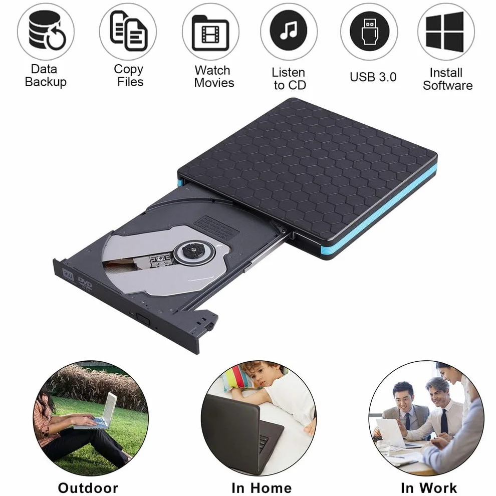 Masterizzatore DVD Esterno, Lettore CD Esterno per PC Portatile Unità Esterna USB 3.0 DVD-R CD-RW Drive Dispositivo Ultra Slim Per Laptop Windows 98/ME/ 2000/XP/Vista/7/8/10/11 Mac Linux