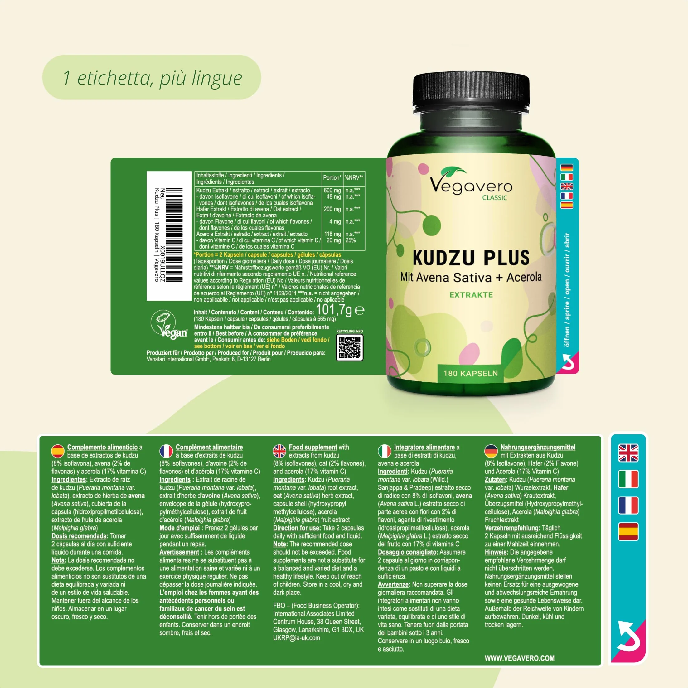 KUDZU Vegavero 6000 mg 10:1 180 capsule 8% Isoflavoni con Vitamina C da Acerola Alto Dosaggio Integratore per Menopausa Vegan