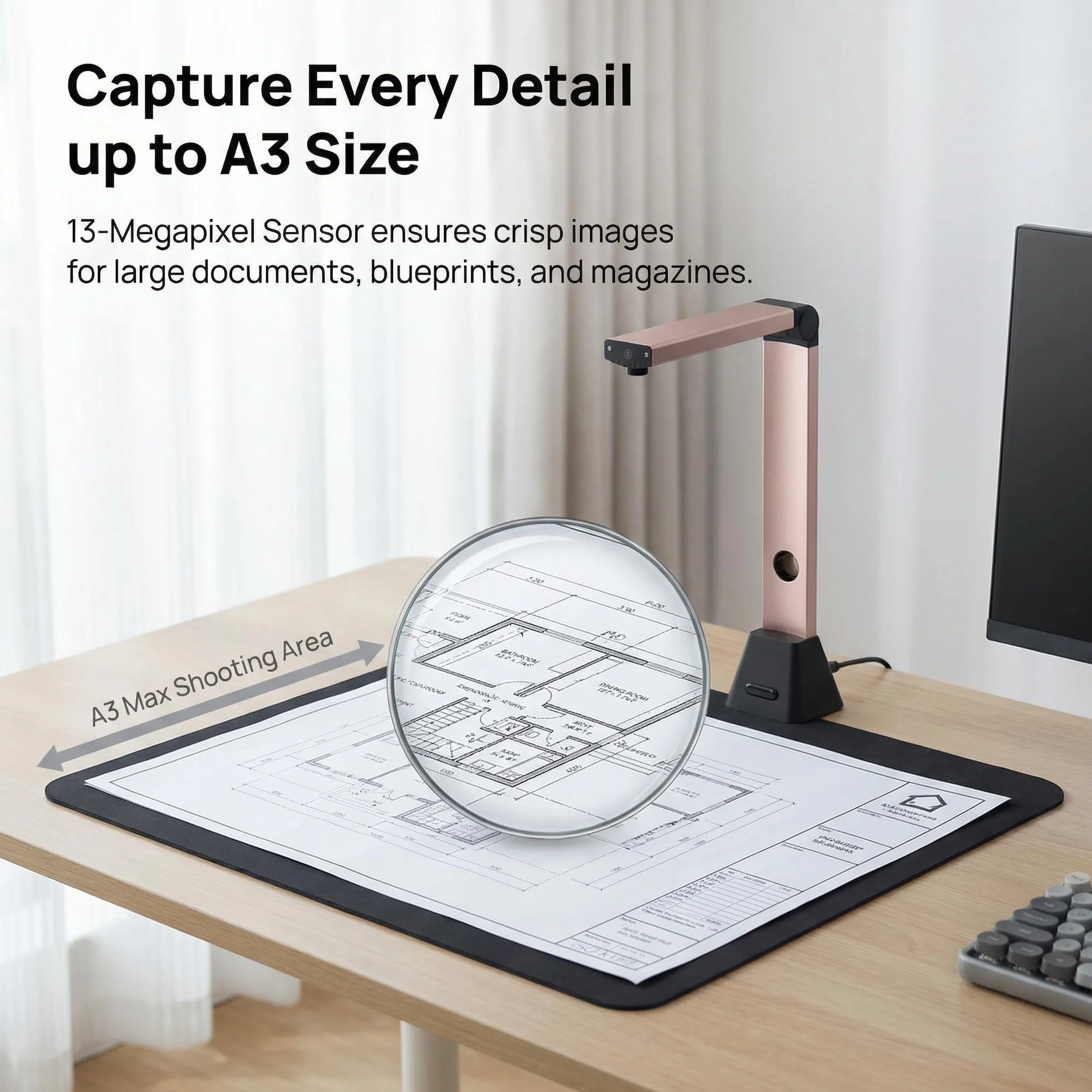 Scanner Documenti Portatile A3 13MP Alta Definizione Scansione Multi-Formato con OCR 130 Lingue USB per Casa Ufficio