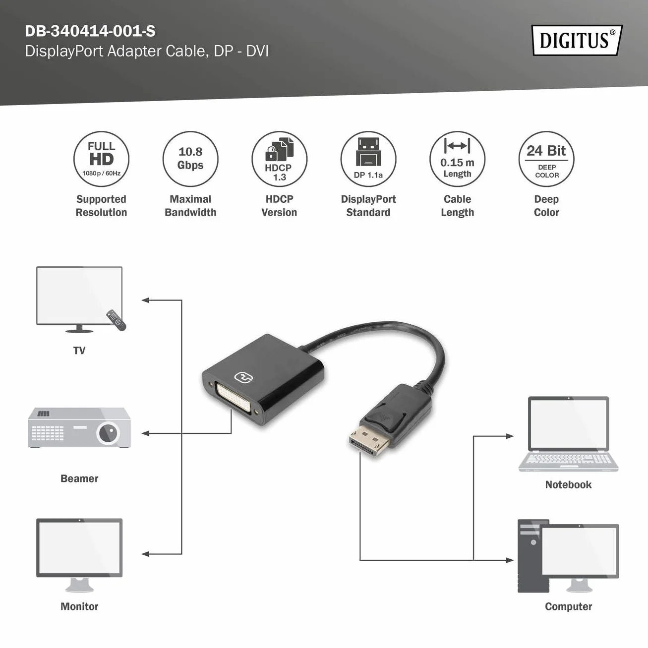 Digitus Assmann Adattatore attivo/Convertitore DisplayPort, da DP a DVI