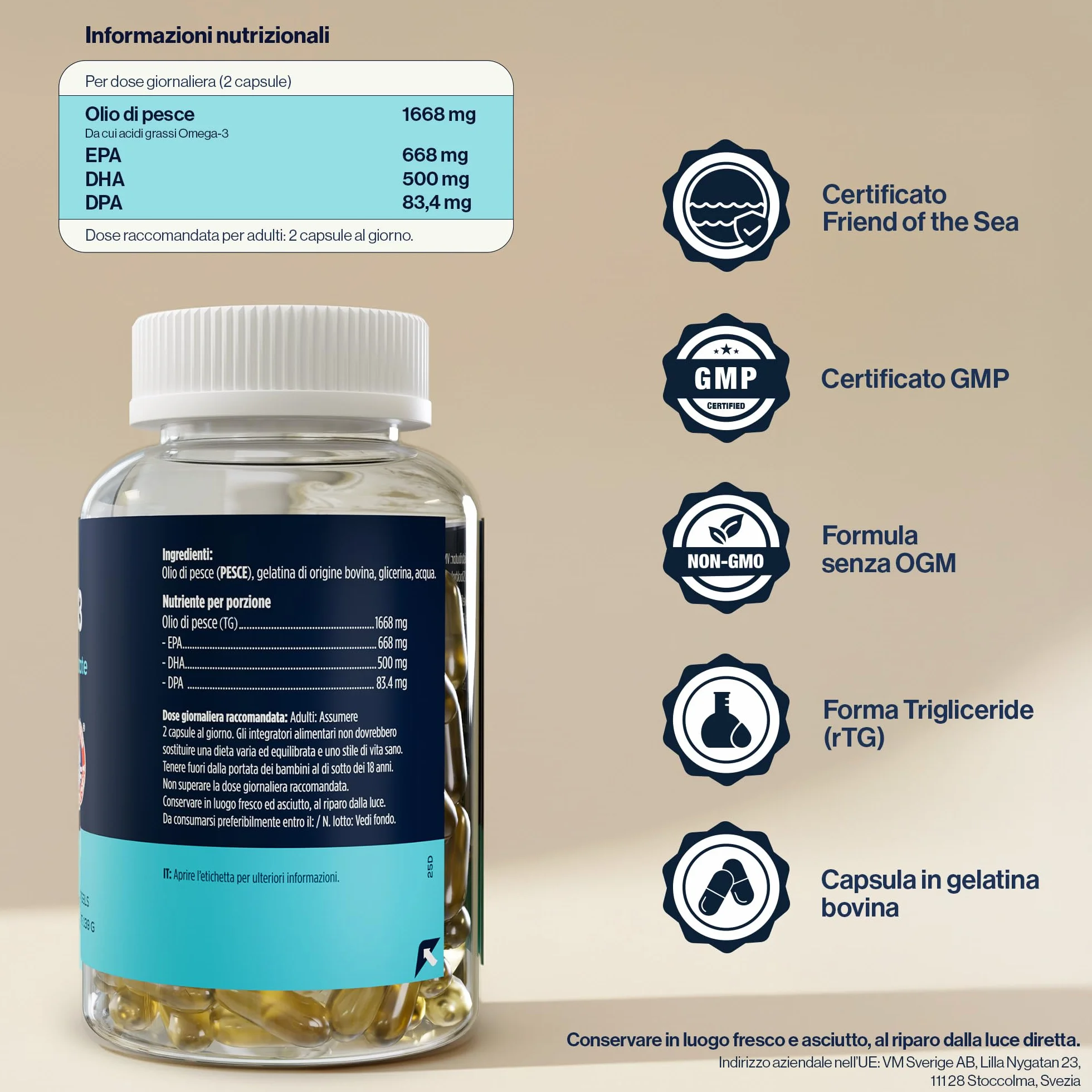 Omega 3 1334mg Alto Dosaggio 120 Capsule – Olio di Pesce – 668mg EPA, 500mg DHA – 80% rTG – FOS Certificato