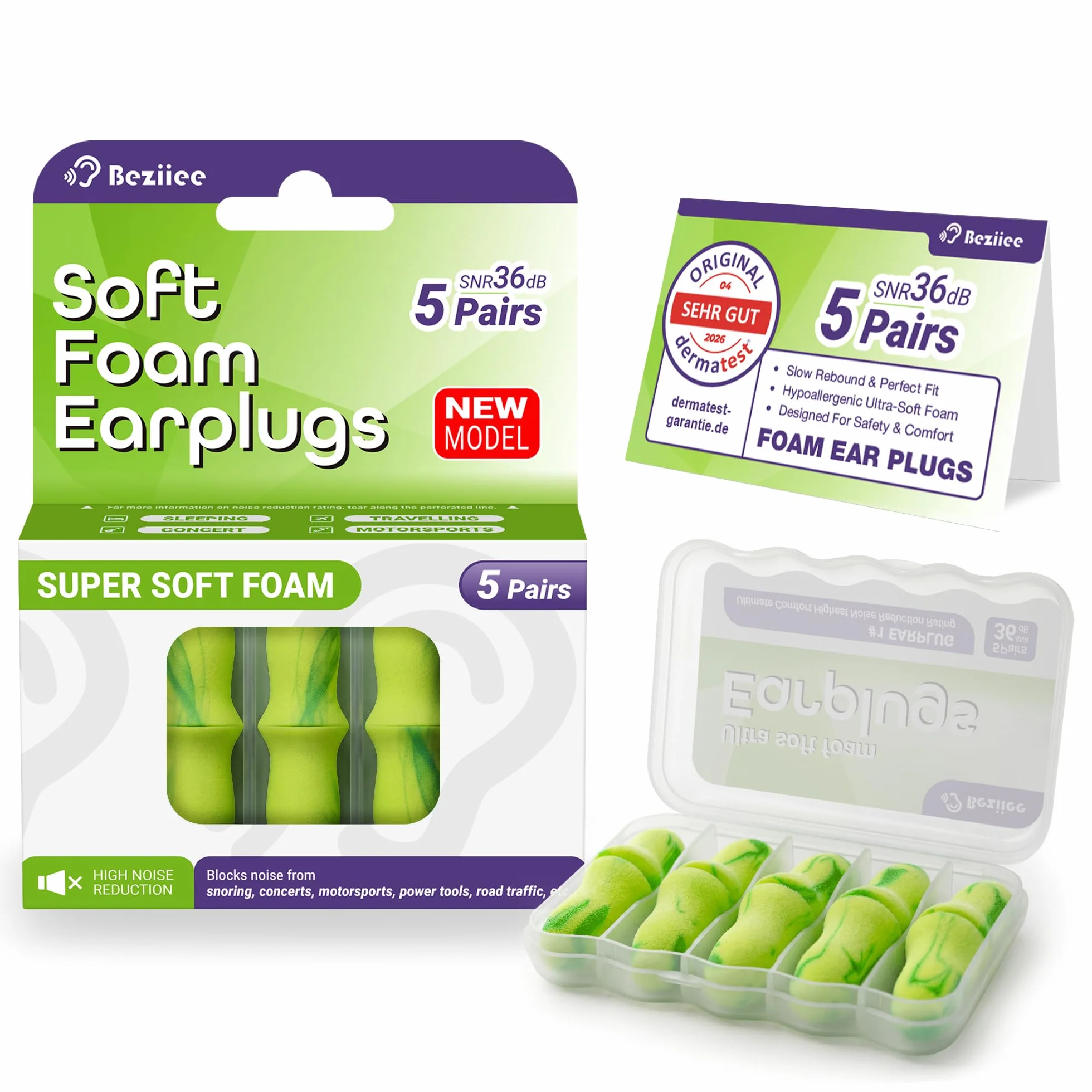 Tappi Orecchie Dormire 36dB Riduzione Rumore Senza Pressione 5 Paia Verde