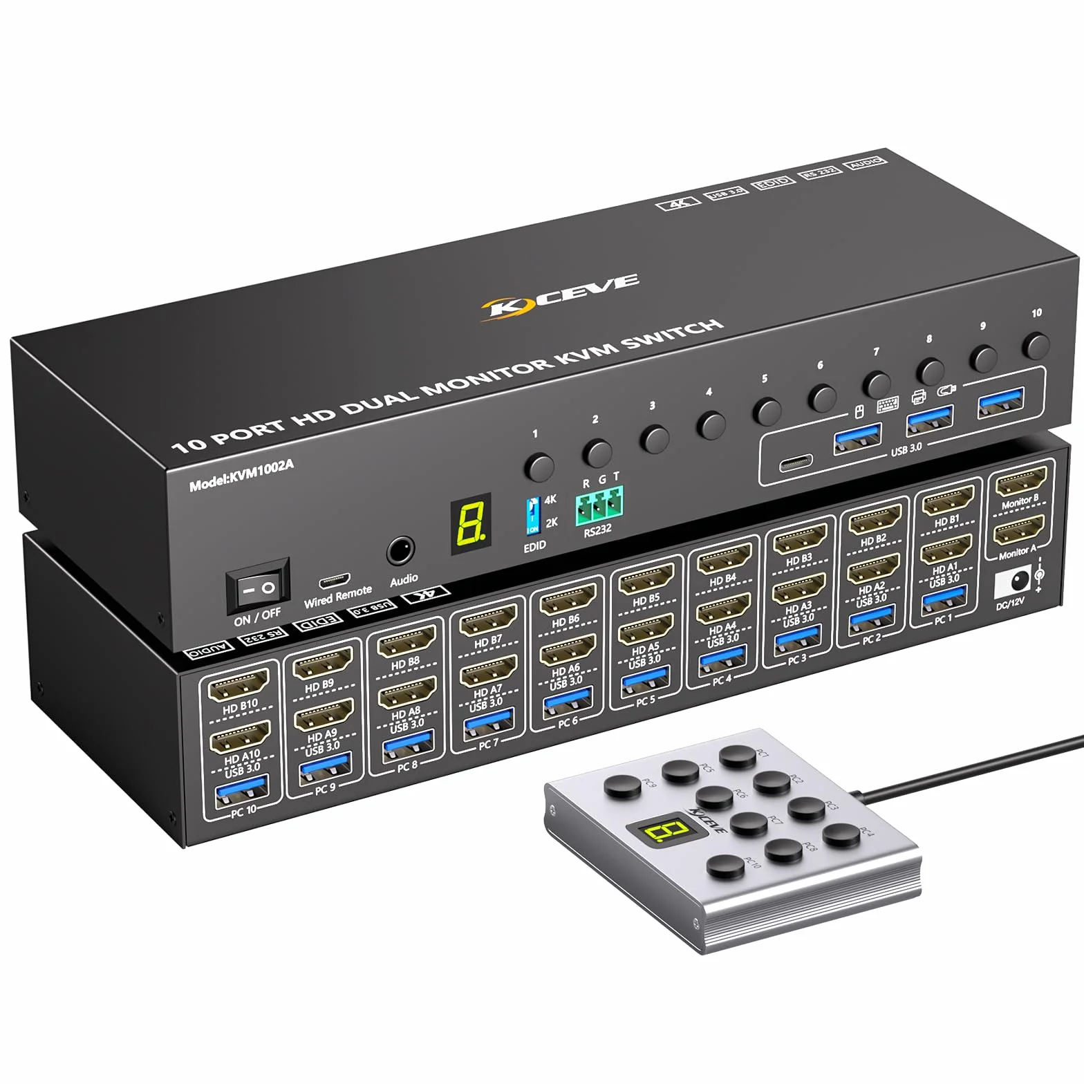 10 Porte HDMI KVM Switch 2 Monitor 10 PC 4K@60Hz Simulazione EDID, 2 Monitor KVM Switch 10 PC con 4 porte USB 3.0, Audio RS232, con Controller 12V Power, Telecomando con Cavo e 10 Cavi USB