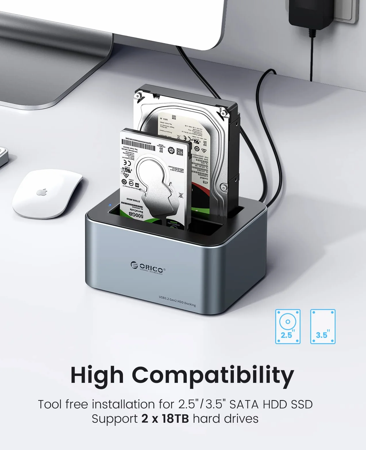 ORICO Docking Station 2 Aloggiamenti SATA 2.5/3.5 pollici USB 3.2 Gen 2 SSD/HDD 12V 3A 2TB