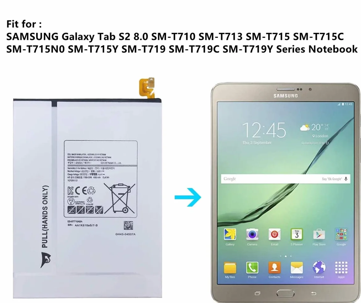 EB-BT710ABE Tablet Batteria per Samsung Galaxy Tab S2 8.0 Inch LTE-A SM-T710 SM-T713 SM-T715 SM-T715C SM-T715N0 SM-T715Y SM-T719 SM-T719C Series EB-BT710ABA EB-BT710ABC 3.85V 15.4Wh