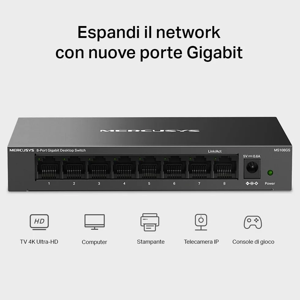 TP-Link Mercusys MS108GS Switch Ethernet 8 Porte Gigabit, Sdoppiatore Ethernet, Switch Gigabit per la Casa e l'Ufficio, Plug e Play, Montaggio Desktop, Cassa in Metallo, Durevole e Silenzioso