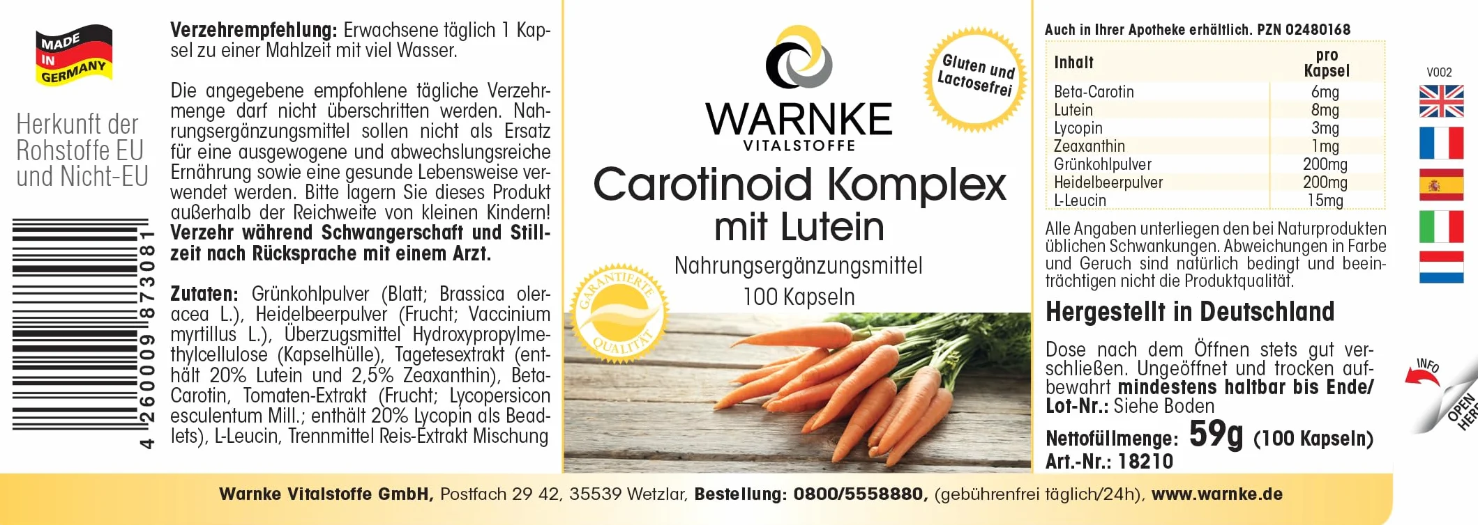 Warnke Vitalstoffe Carotenoidi e licopene Plus Beta-carotene luteina zeaxantina 100 capsule