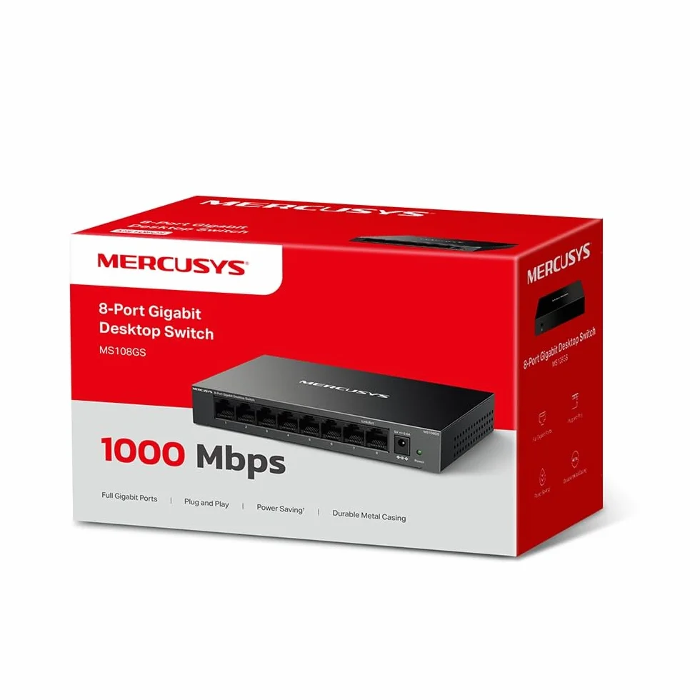 TP-Link Mercusys MS108GS Switch Ethernet 8 Porte Gigabit, Sdoppiatore Ethernet, Switch Gigabit per la Casa e l'Ufficio, Plug e Play, Montaggio Desktop, Cassa in Metallo, Durevole e Silenzioso