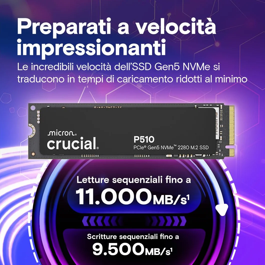 Crucial P510 SSD 2TB PCIe 5.0 x4 Gen5 NVMe M.2 , Velocità fino a 10.000 MB/s, Lettura, 8.700 MB/s in Scrittura, Compatibile con Notebook e PC Desktop, TLC NAND, Hard Disk Interno - CT2000P510SSD8-01
