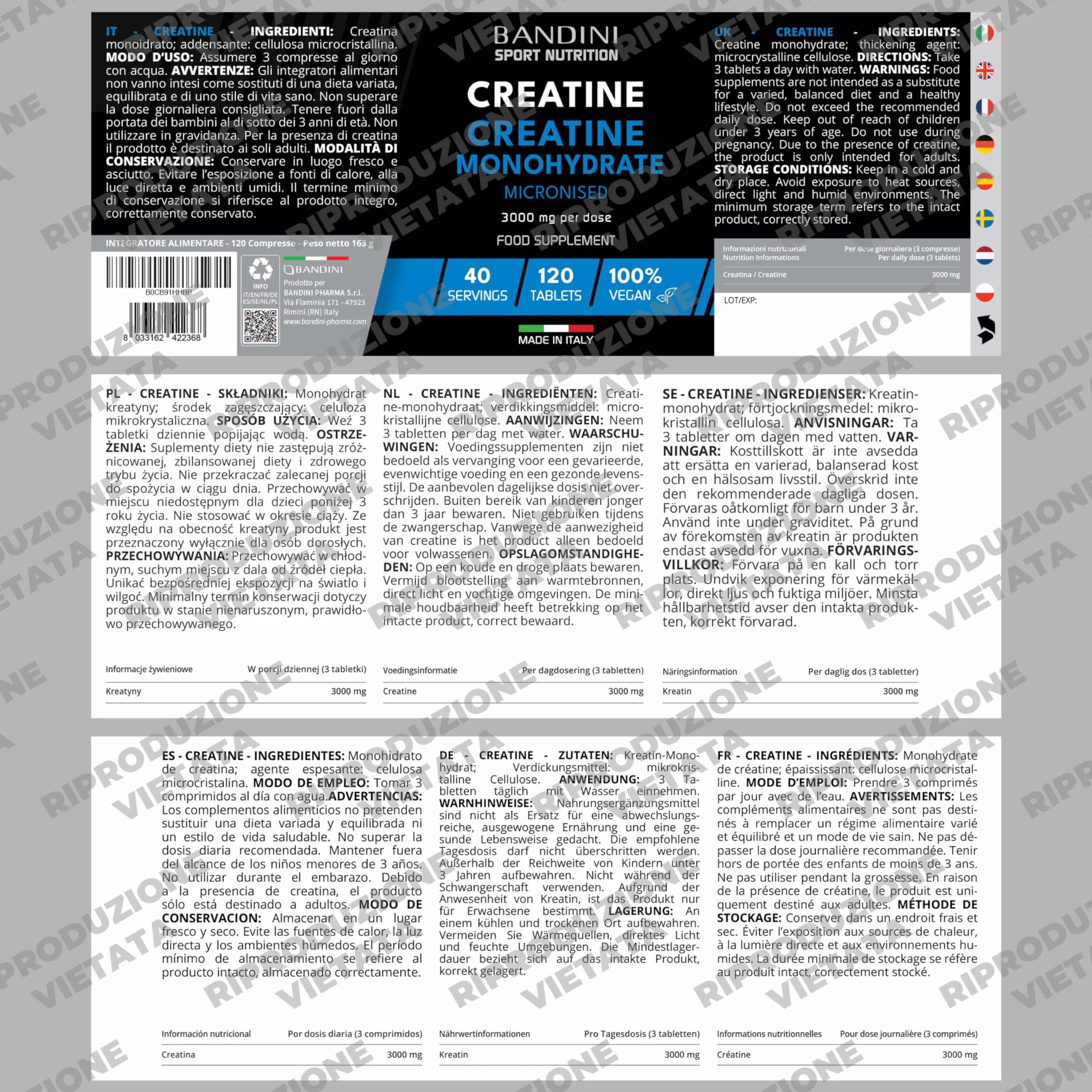 Bandini Creatina Monoidrata 120 Compresse 3000mg Integratore Pre Workout Vegan Micronizzata