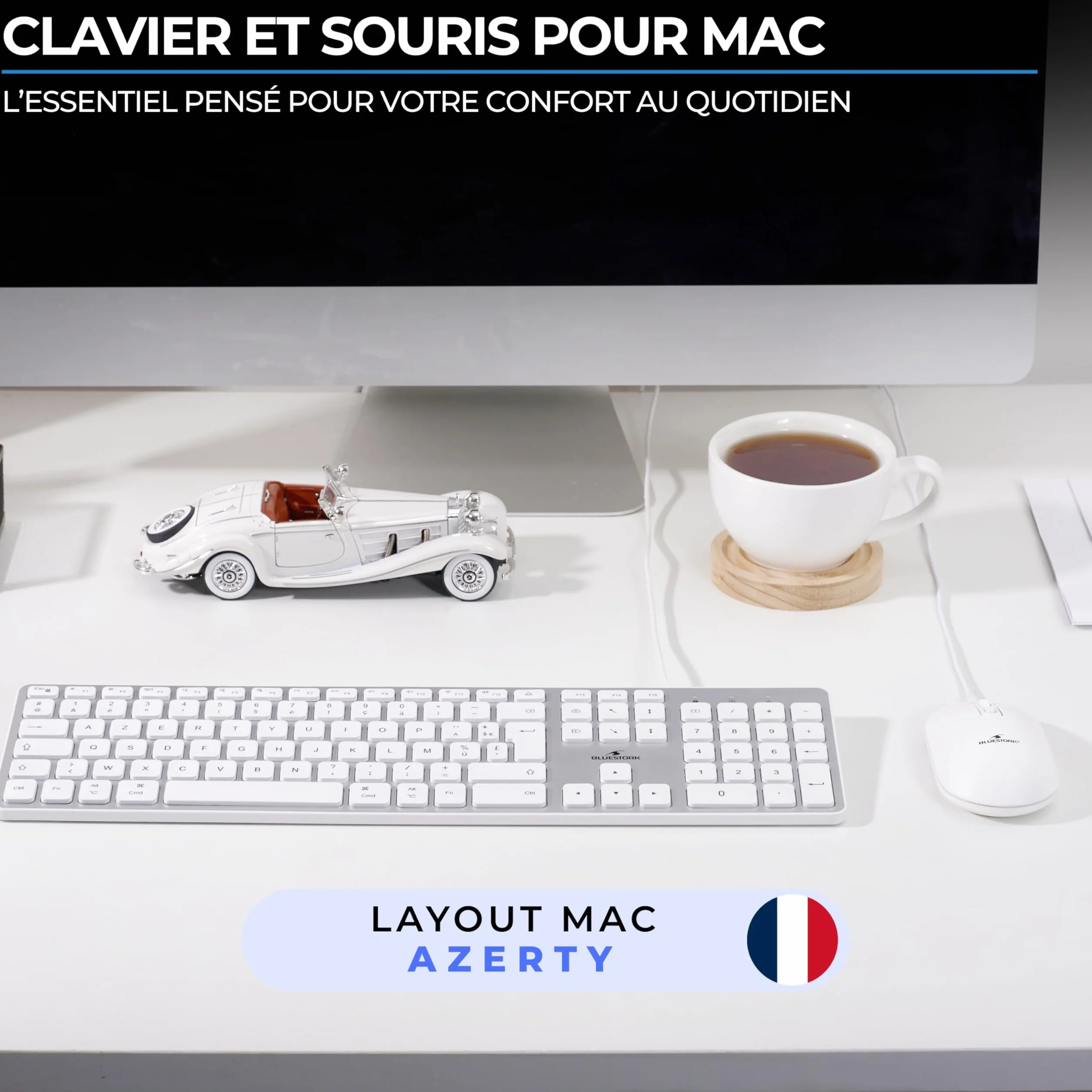Combo tastiera e mouse cablati - BLUESTORK - KB Mac - Compatibile con Mac - Bianco